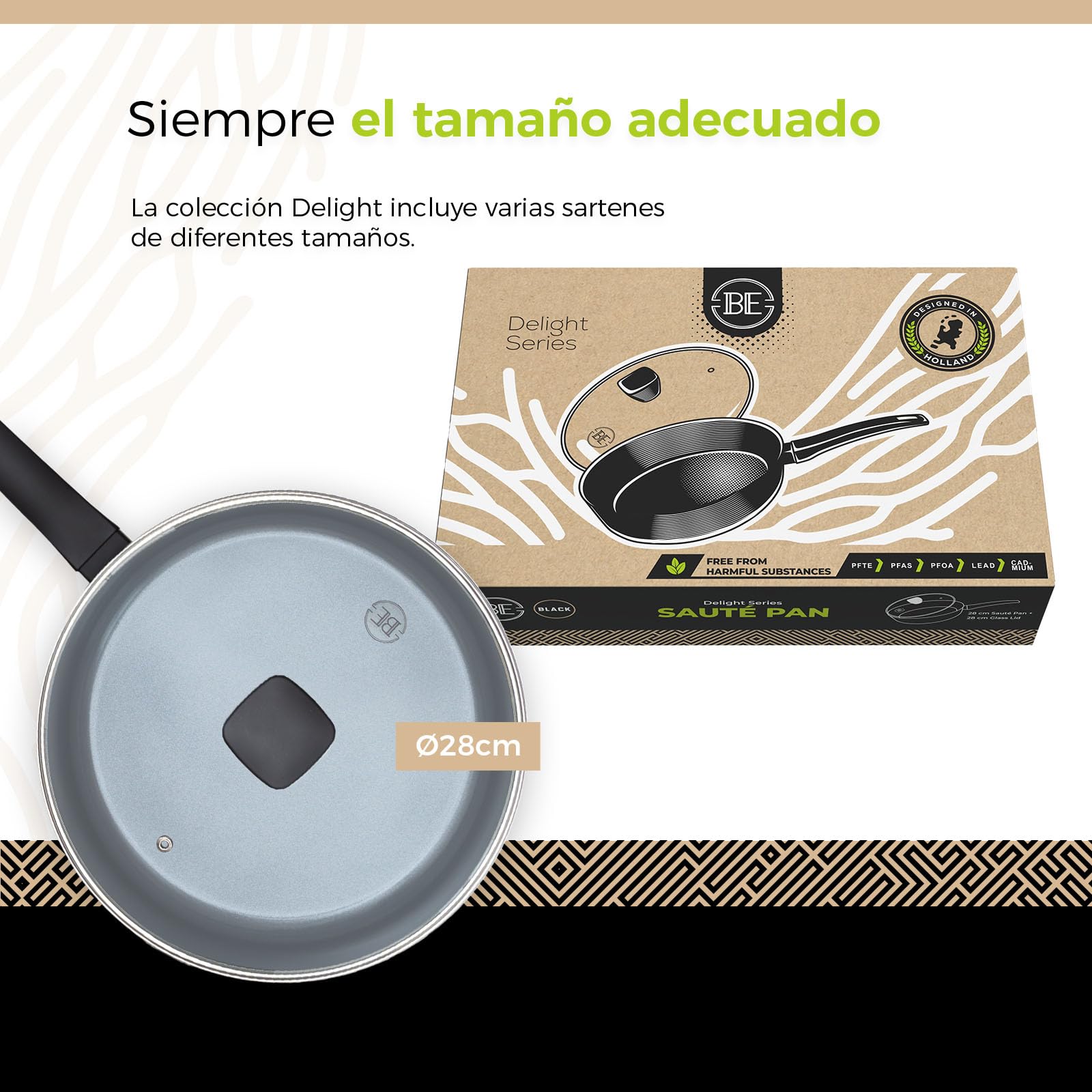Be Living Sartén con tapa – Ø 28 cm – Sartén honda – Cerámica – Inducción – Sin PFAS – Antiadherente – Serie Delight