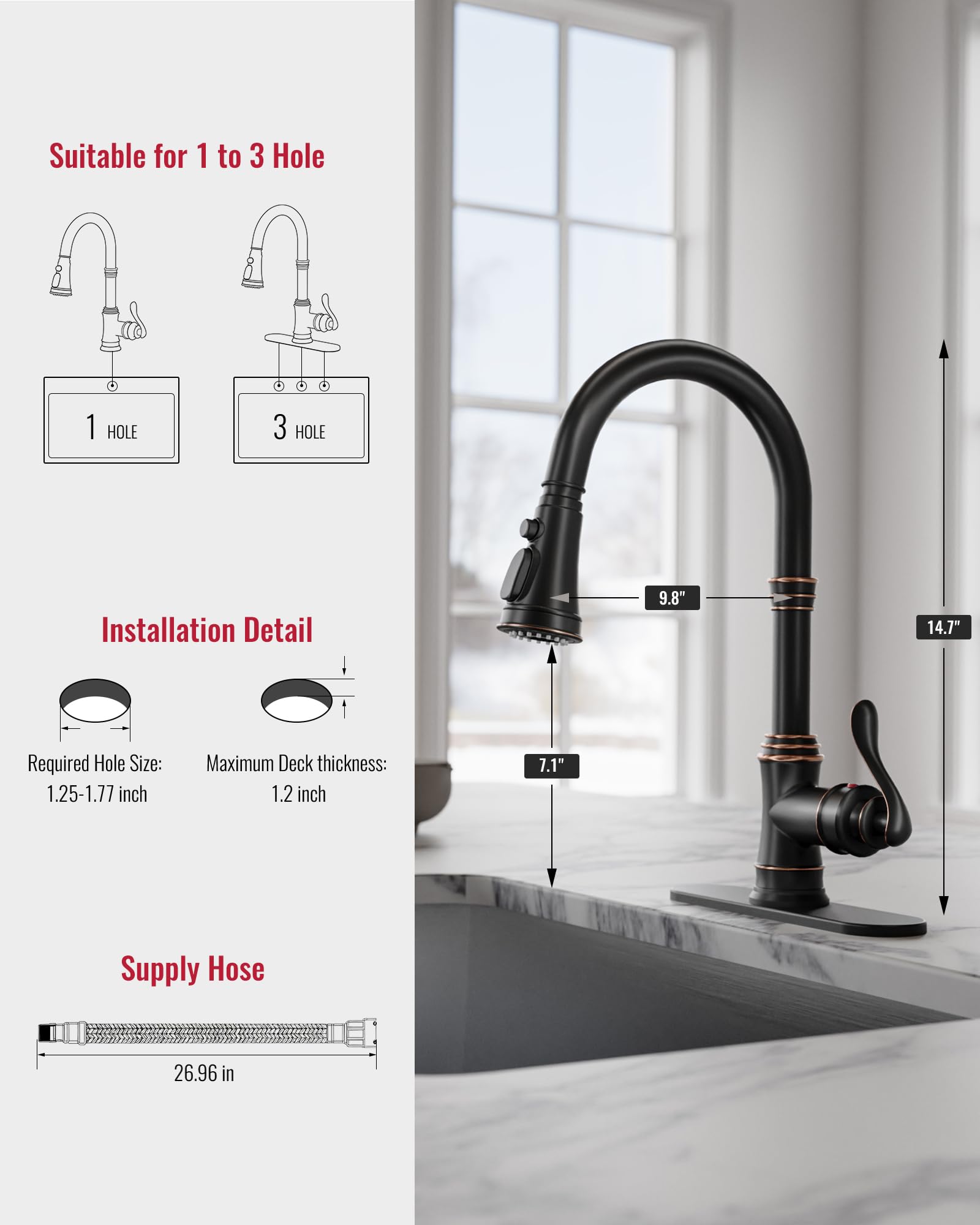 Homevacious Küchenarmatur aus geölter Bronze mit herausziehbarem Sprühkopf, 3 Sprühmodi, einfacher Griff, hoher Bogen, Küchenspüle, Wasserhahn mit Tablettplatte,