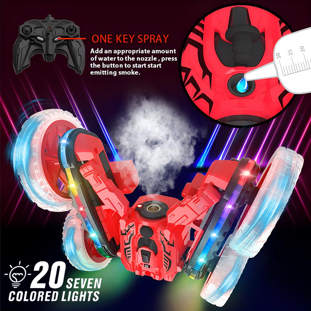 Zdalnie sterowany samochód, 2,4 GHz, dwustronny, obracany o 360° RC Stunt Crawler z kolorowymi migającymi światłami i tryskami, samochód offroad drift RC, prezent dla chłopców i dziewczynek od 4