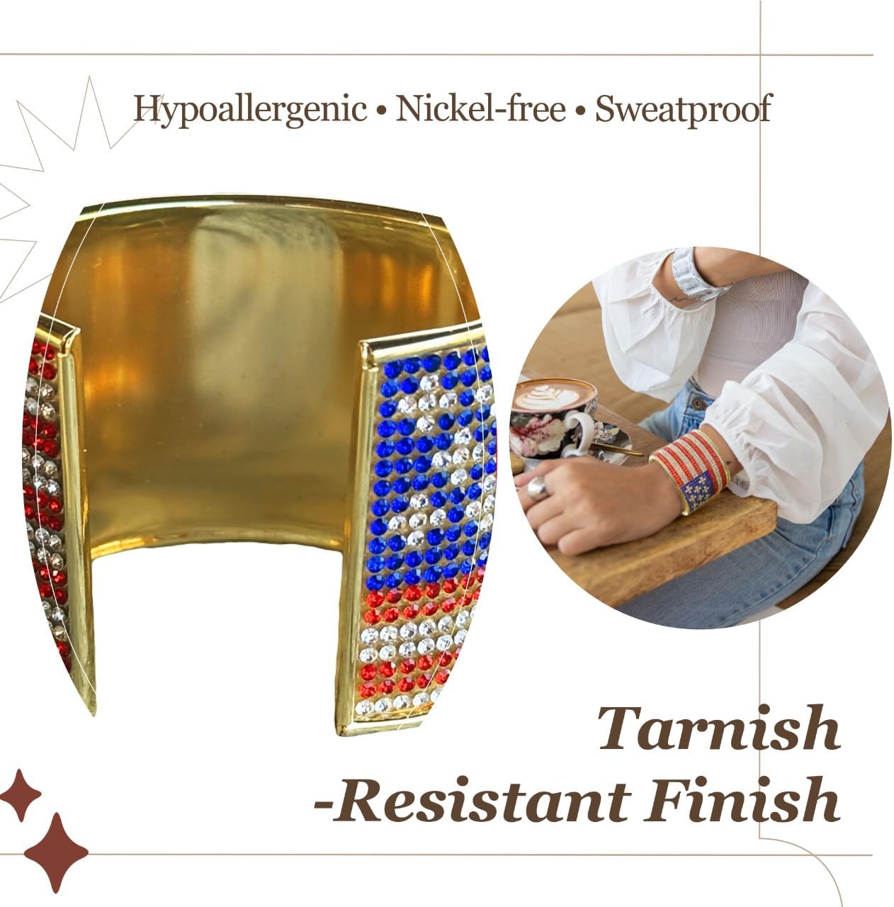 American Flag Rhinestone Cuff Bracelet, Gold-Plated USA Patriotic Jewelry, Sparkling Red, White & Blue Crystal Stars & Stripes Bracelet for Patriots, Independence Day & Special Occasions