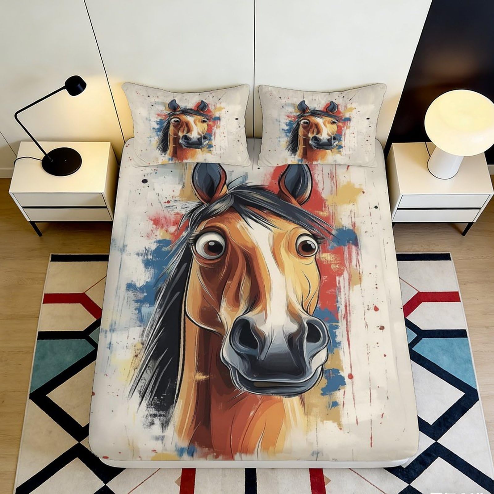3D Printed Horse Art Fitted Sheet Microfiber Non-Slip Deep Pocket Bedroom Bedding Horse Mattress Fitted Cover Elastic Hem Washable Full Wrap 140x200x25cm