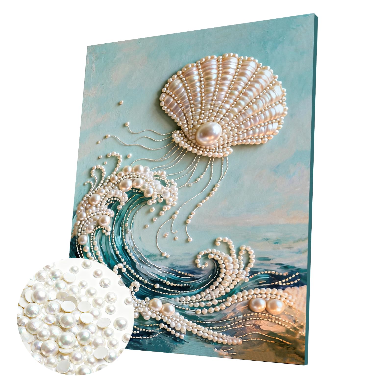 DIY Pearl Painting Kit with Wooden Frame, 3D Plastic Pearl Art Diamond Art Kits for Adults, Ready-to-Hang Home Decor, Gift for Women Beginners(Waves Shell)(40 * 50cm)