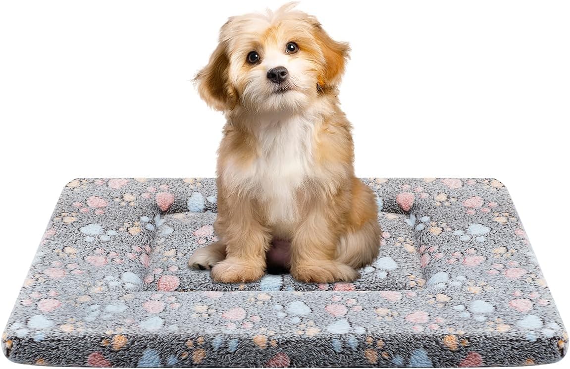 Dog Crate Pad for Small Dog Cat Pets Bed with Memory Foam Short Plush Soft Fluffy Pet Kennel Machine Washable (Brown Paw, 16.0″ L x 12.0″ W x 1.6″ Th)