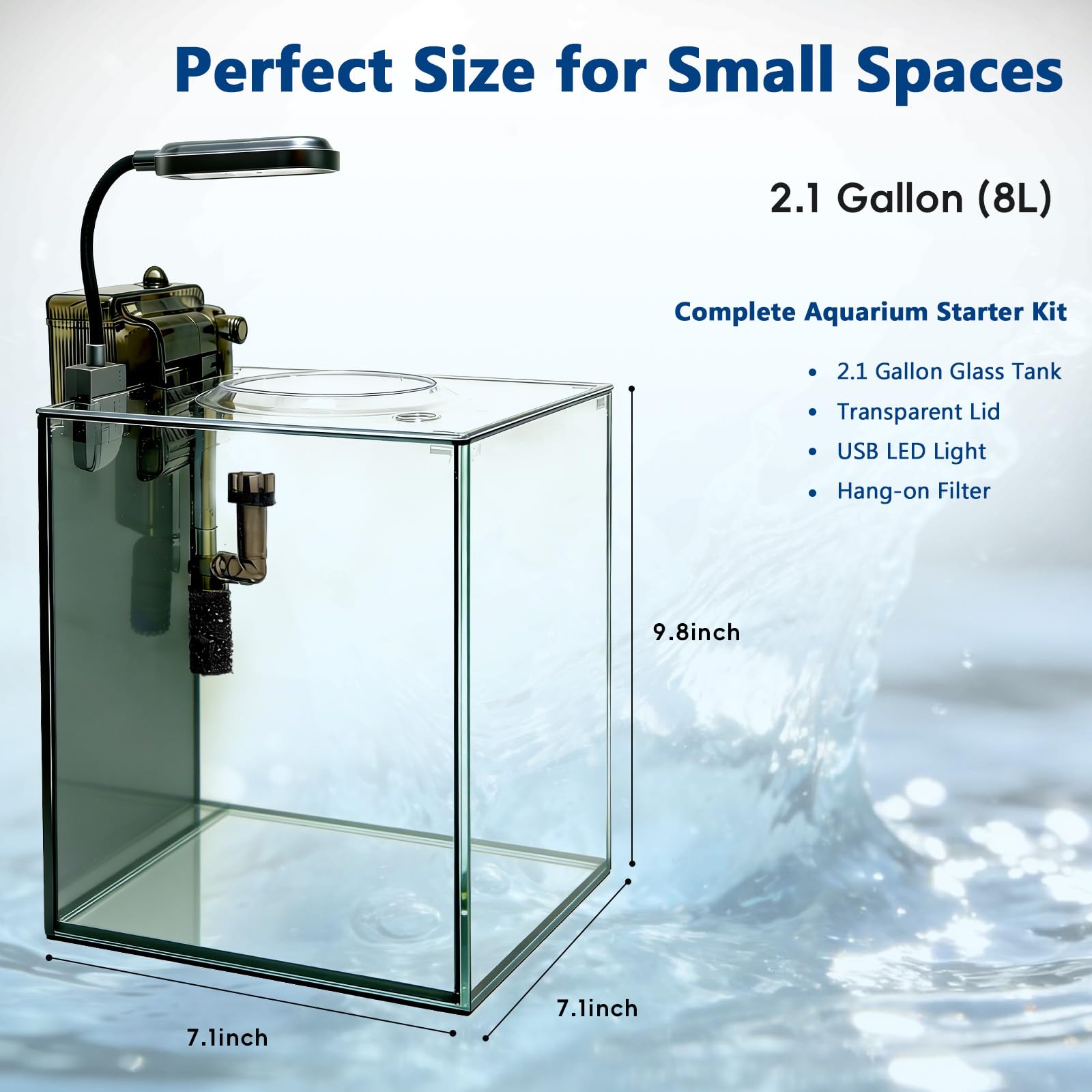 Kit de nano acuario de 2.1 galones con tapa, filtro para colgar que ahorra espacio y luz LED, tanque de peces de escritorio de vidrio ultra transparente sin montura para peces pequeños