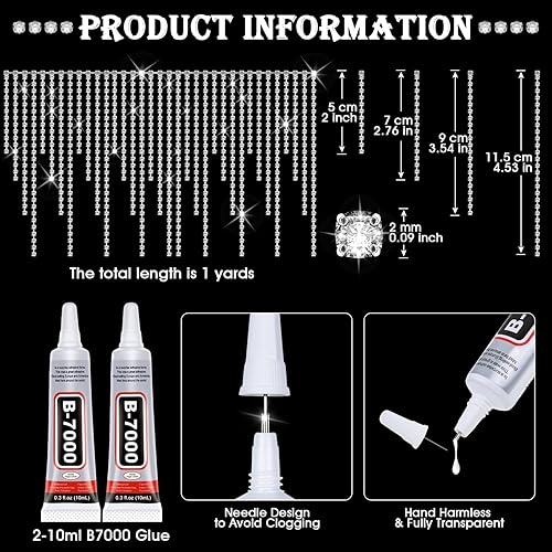 Miniatura 2 de Franja de diamantes de imitación con pegamento B7000 multiusos adhesivo, 1 yarda de diamantes de imitación brillantes con flecos de diamantes de