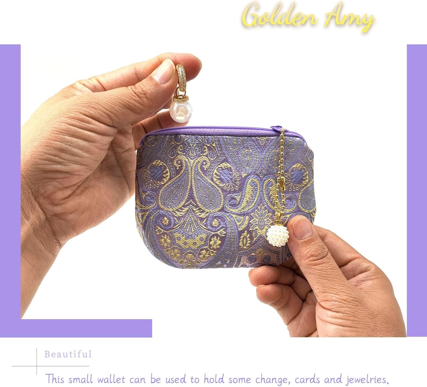 Handmade Rosary Pouch Women Coin Purse Silk Jewelry Bag Brocade Zipper Wallet - Plum - Image 5