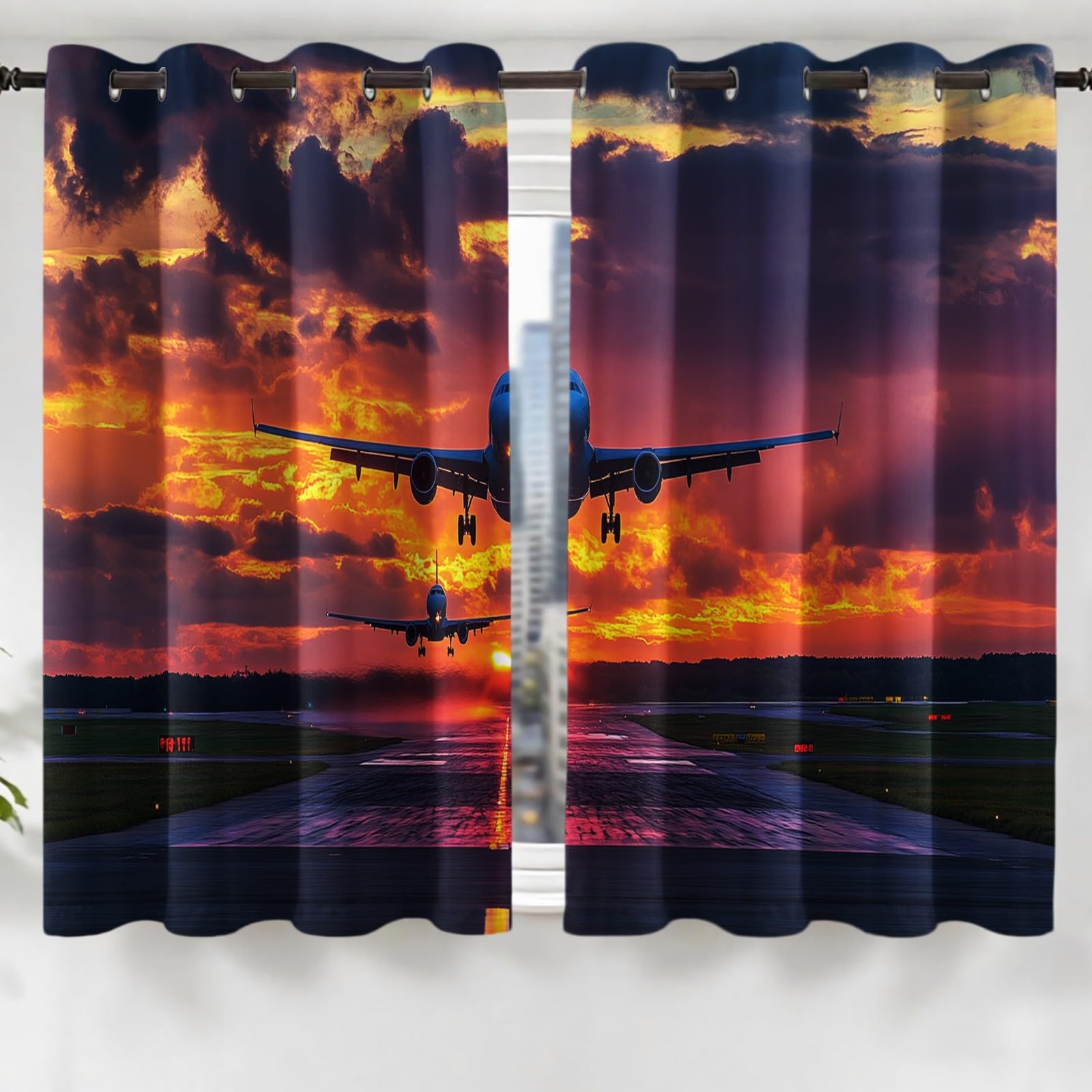 Rideaux Occultants Thermiques Lot de 2, Piste d'avion Avion de passagers 132L X 210H cm Isolation Contre la Chaleur, pour Chambre et Salon