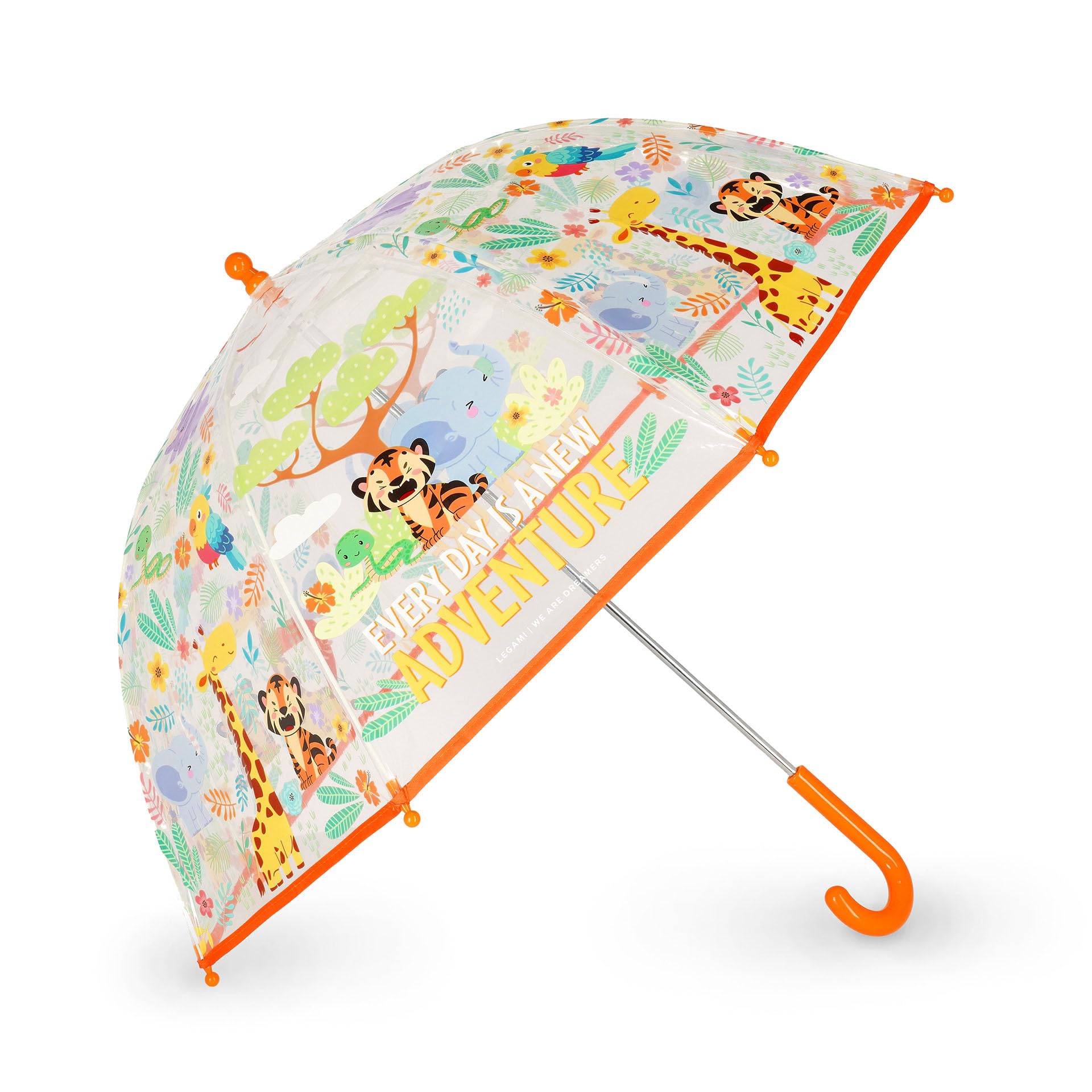 Legami VUSE Dancin' In The Rain Children's Umbrella, Windproof Structure, Manual Opening, Fabric Closure with Space for Names, Hook Handle, 73 x 65 cm, orange, Small, Jungle