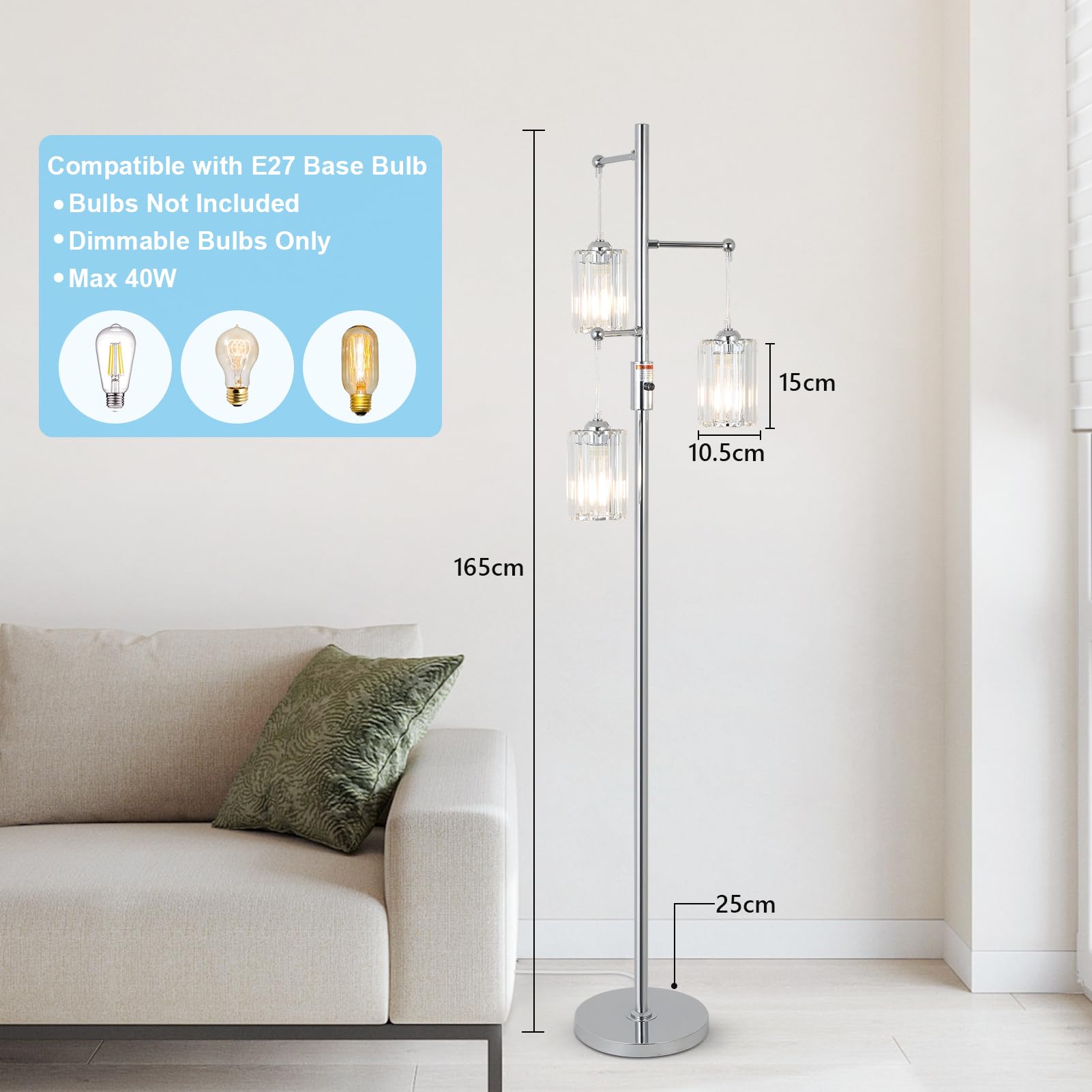 Rayofly Chrom Stehlampe Wohnzimmer, 3-flammig Dimmbar Stehlampe mit Glas Lampenschirm, Modern Kristall Standleuchte Silber, Crystal Floor Lamp, Kristall Stehleuchte für Schlafzimmer Kinderzimmer Büro
