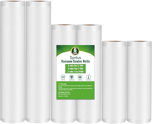 Syntus Vacuum Sealer Bags, 6 Pack 11" x 10' and 8" x 10' and 6" x 10' Commercial Grade BPA Free Bag Rolls, Food Vac Bags for Storage, Meal Prep or Sous Vide