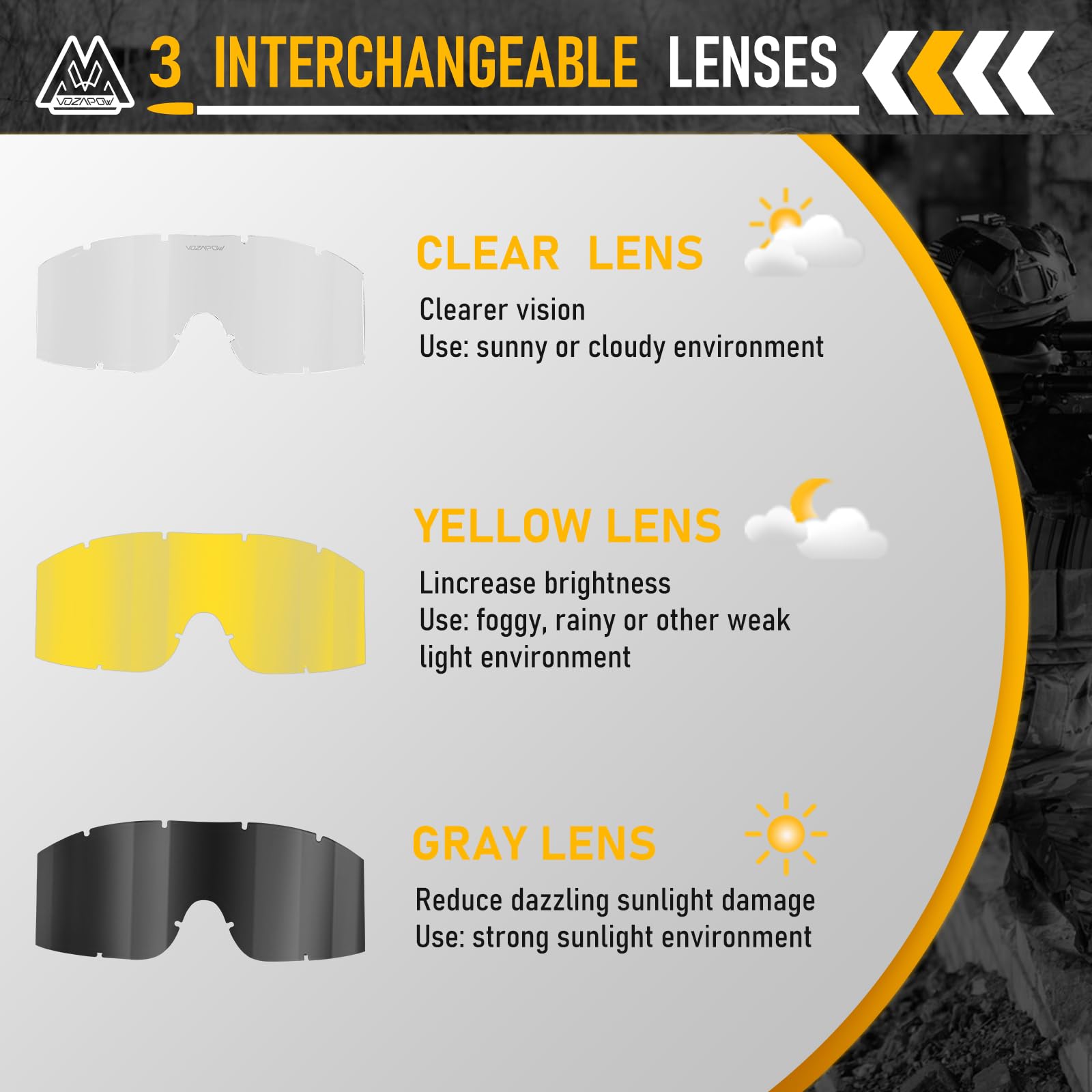 Taktyczne okulary ochronne Airsoft z 3 soczewkami przeciwmgielnymi, odporne na wstrząsy, wojskowe gogle