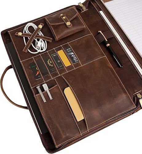 Miniatura 7 de Cartera de piel auténtica, organizador de padfolio con asa, Padfolio personalizado, Padfolio con cremallera para hombres y mujeres, adecuado para