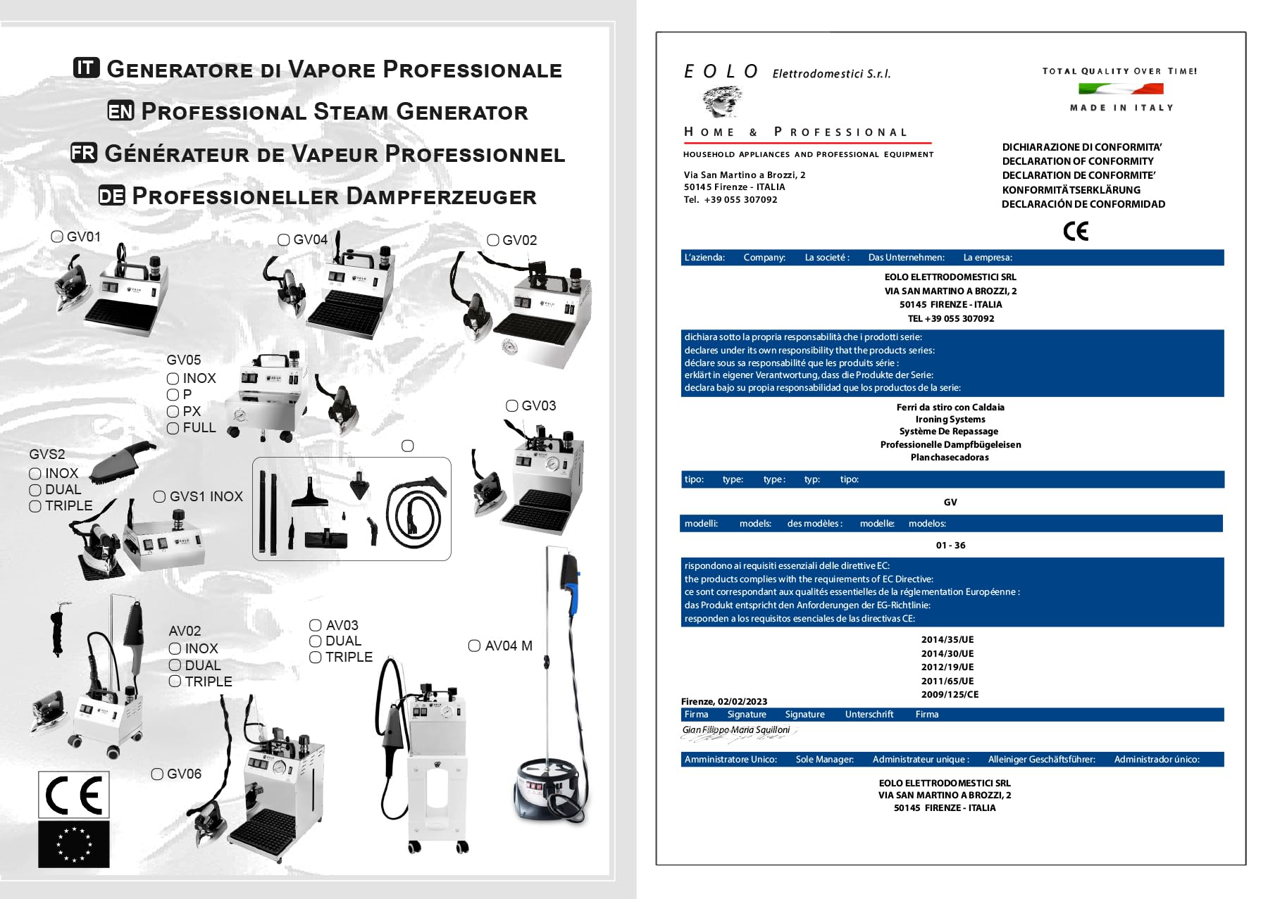 AEOLUS Système de repassage professionnel GV01 INOX avec chaudière en cuivre à économie d'énergie et résistance externe anti-calcaire Fer professionnel avec bouclier thermique Coque en acier
