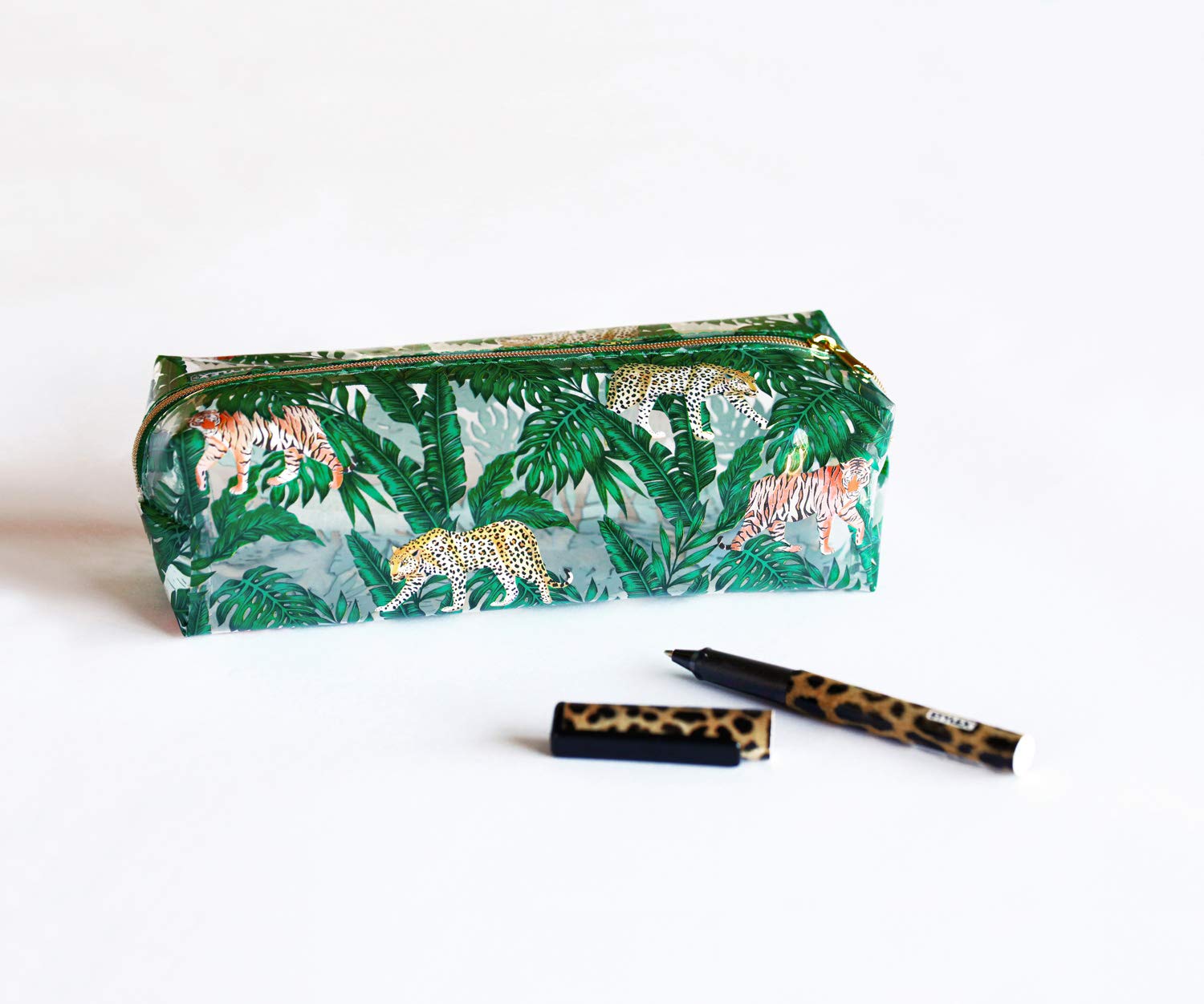 Stylex Faulenzer-Etui Mit Dschungelmuster – Durchsichtig, Goldener Reißverschluss, 21x7x6,5 Cm Für Stifte & Make-up