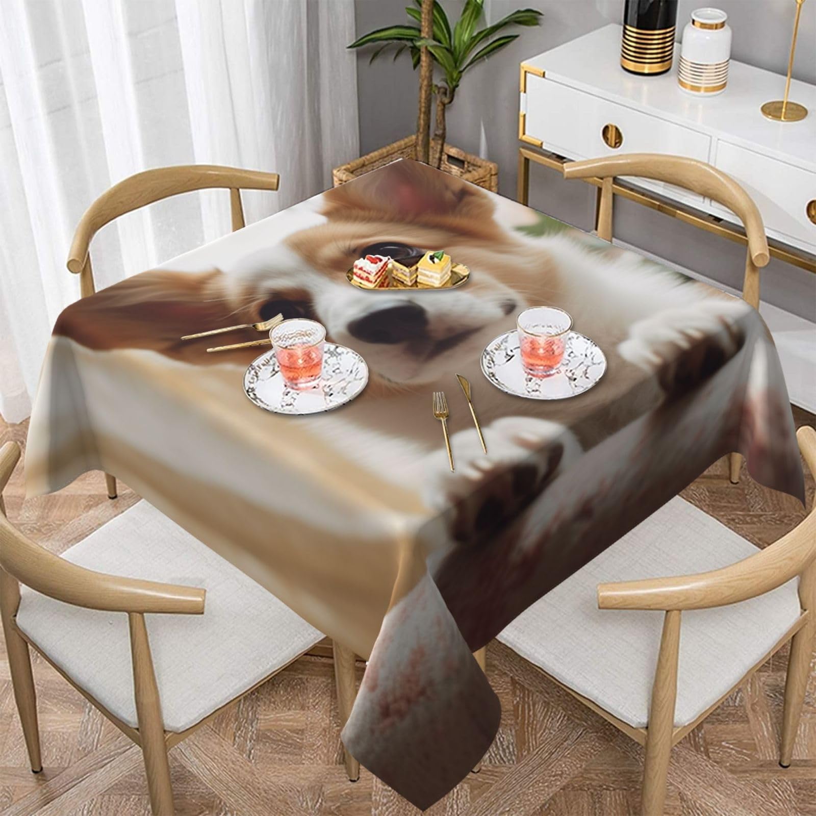 WPKJU Cute Corgi Cartoon Printed Square Tablecloth 54x54 inch Water Resistant Table Cover Washable Rectangle Table Cloth for Dining Tables