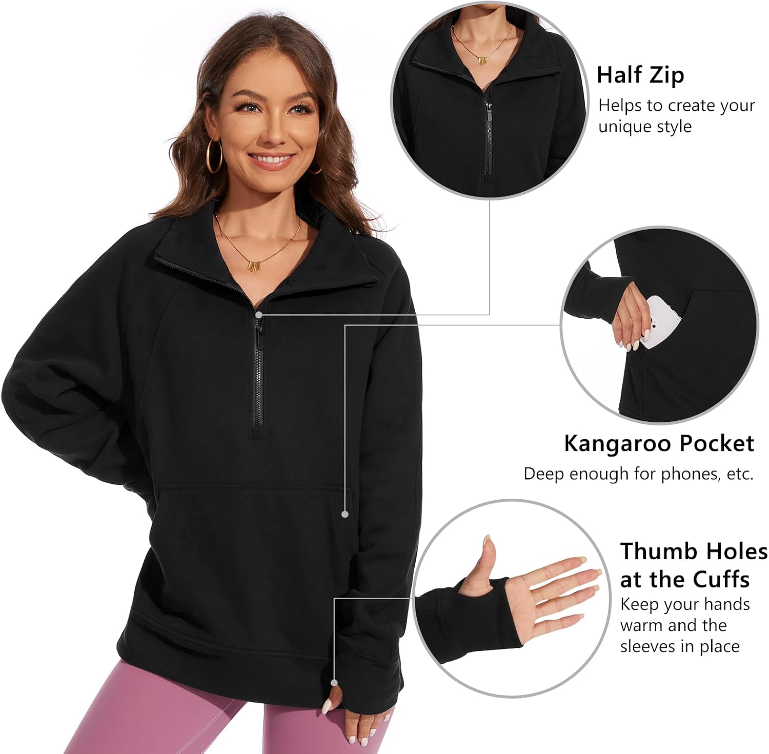 Lightbare Women’s Fleece Sweatshirt Half Zip Oversized Pullover Loose Fit Sweat Tops with Pocket Thumb Hole Fall Winter