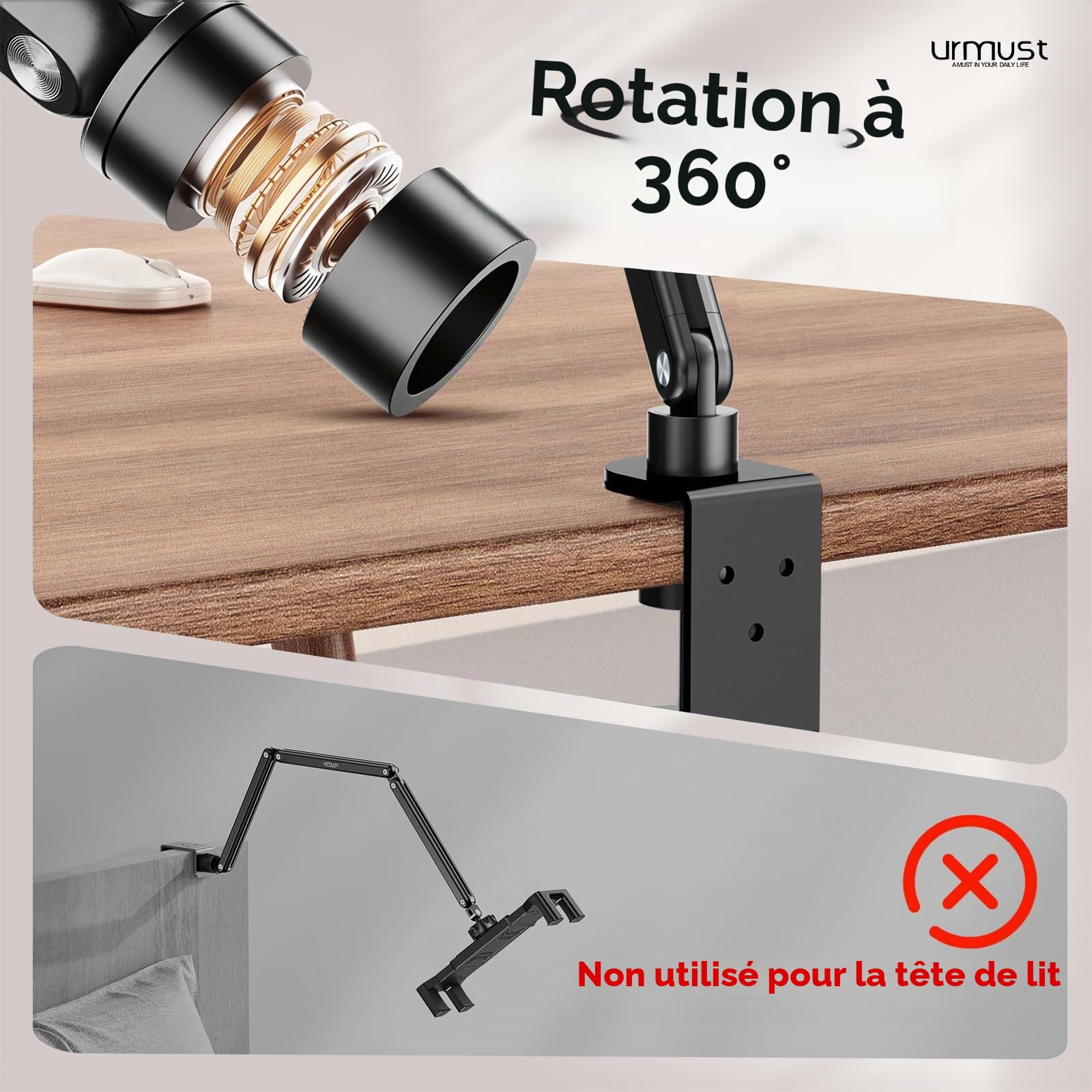 Urmust Support de Tablette en Aluminium Rotation à 360°, Support Mural réglable pour iPad, avec Bras Extensible en Aluminium réglable pour 4,7" à 18,5" iPad/Portable Monitor