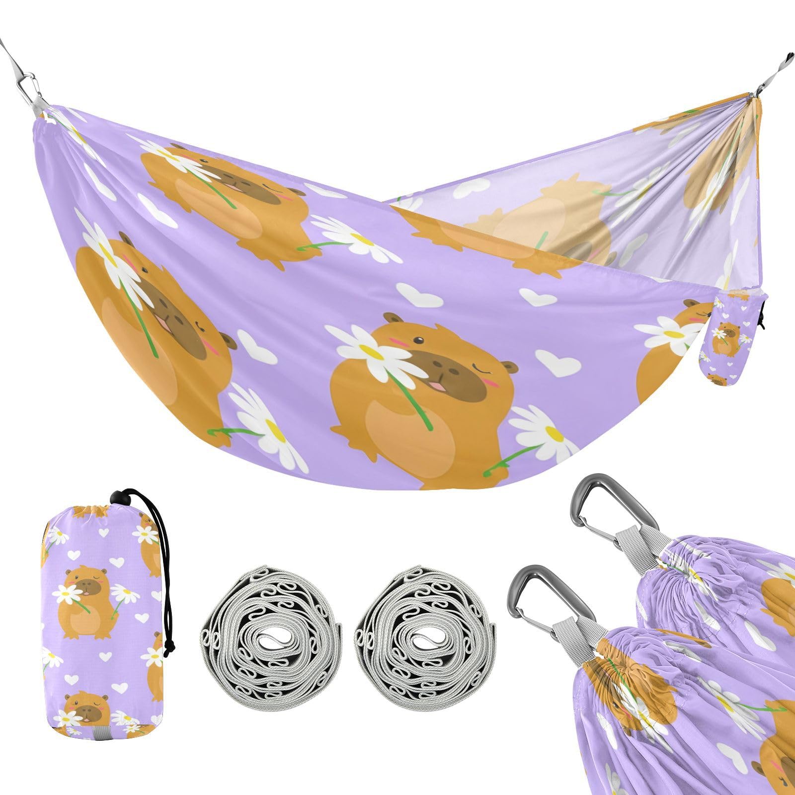 ATTX Cute Kapybara Camping Hammock - Lightweight & Portable Hammocks, Heavy Duty 330lbs Capacity for Indoor, Hiking, Backpacking, Travel, Backyard, Beach#160