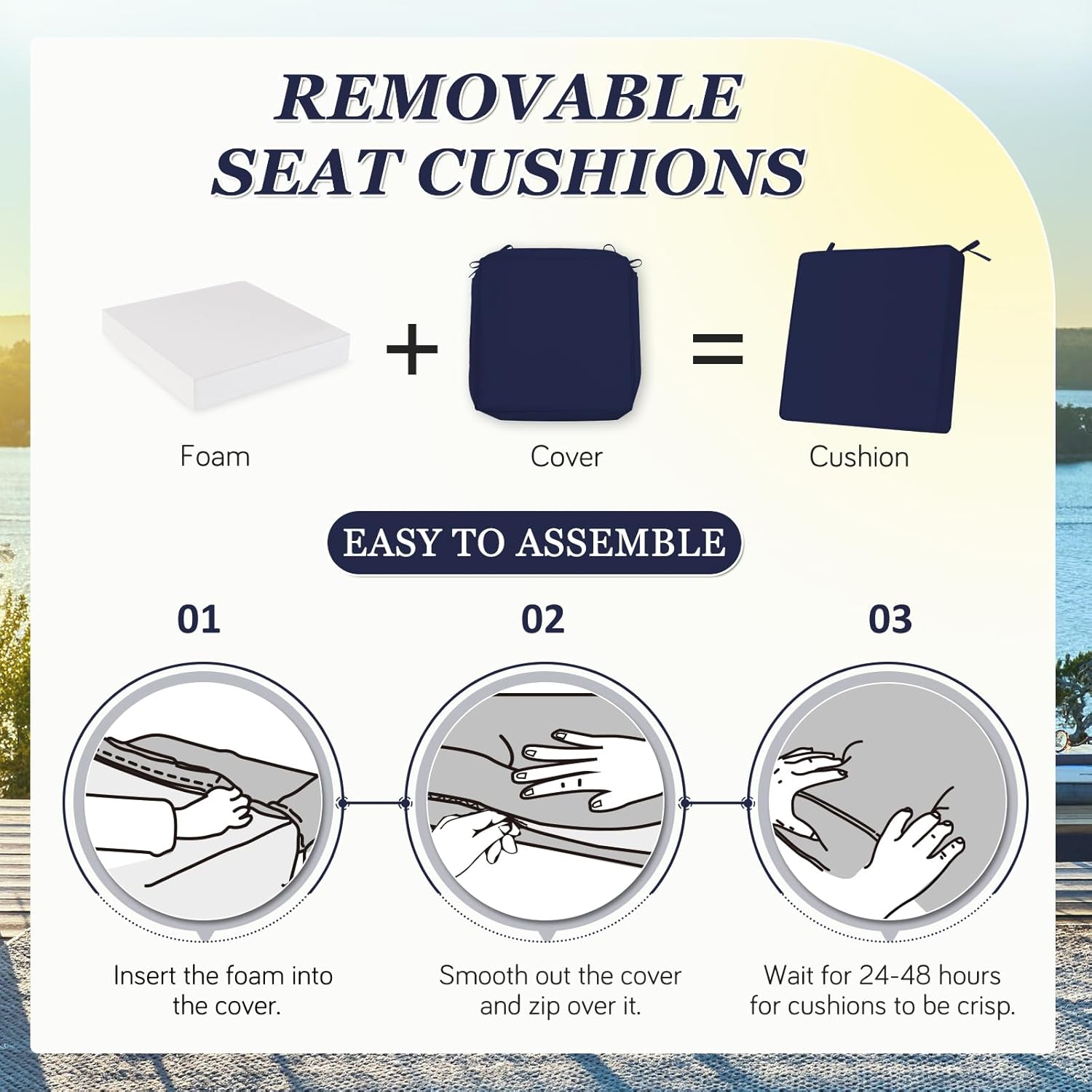 Waterproof Outdoor Chair Cushions Set of 2, Square Outdoor Seat Cushions with Ties and Removable Covers, 19 x 19 Outdoor Cushions for Patio Furniture with Portable Handle(Navy)