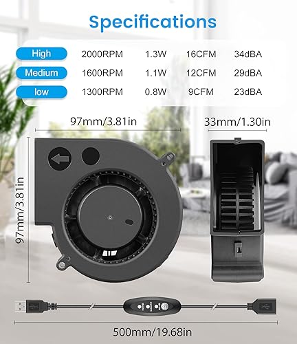 Miniatura 7 de Wathai Ventilador USB de alta rendimiento de 97 mm x 33 mm con control de velocidad para enfriar la carcasa del ordenador, gabinetes AV, centros de