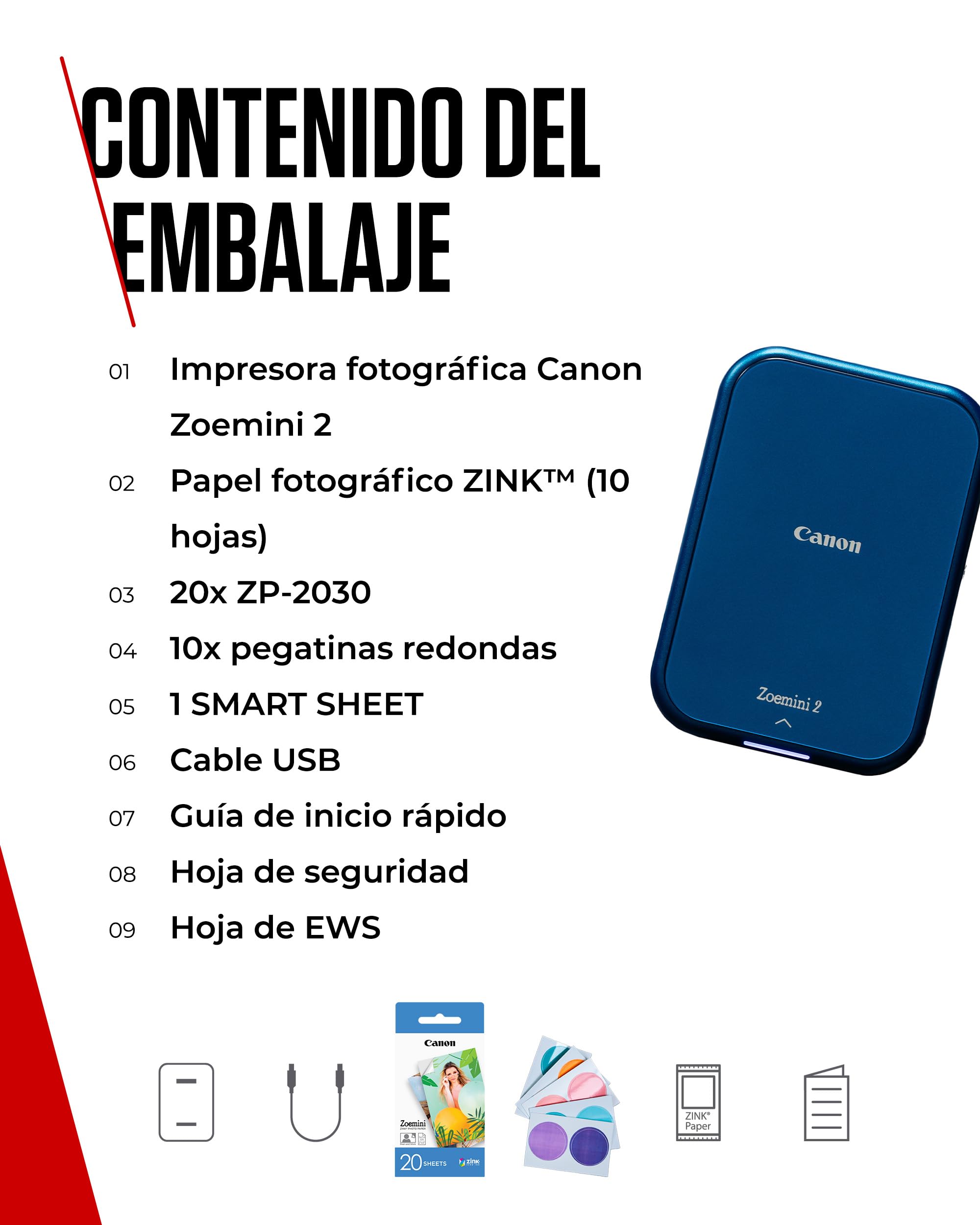 Canon Kit Zoemini 2 Impresora fotográfica + Papel fotográfico Zink 20 Piezas + Papel ZP-2030 (20 Hojas) + 10 Pegatinas Circulares (para Smartphone, USB C, Bluetooth, impresión móvil) Azul Marino