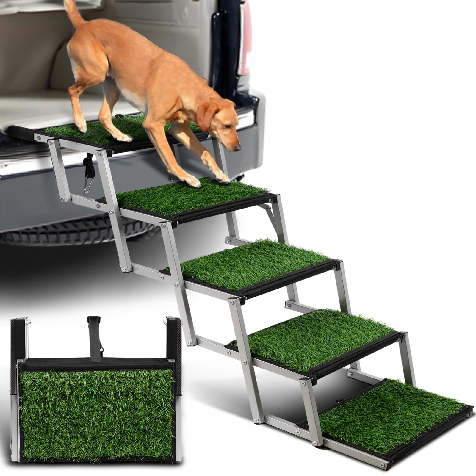 Extra Wide Dog Stairs for Car, Portable Folding Dog Steps for Large Dogs with Non-Slip Grass Rug for Cars, SUV, Trucks, Lightweight Pet Ramps Supports