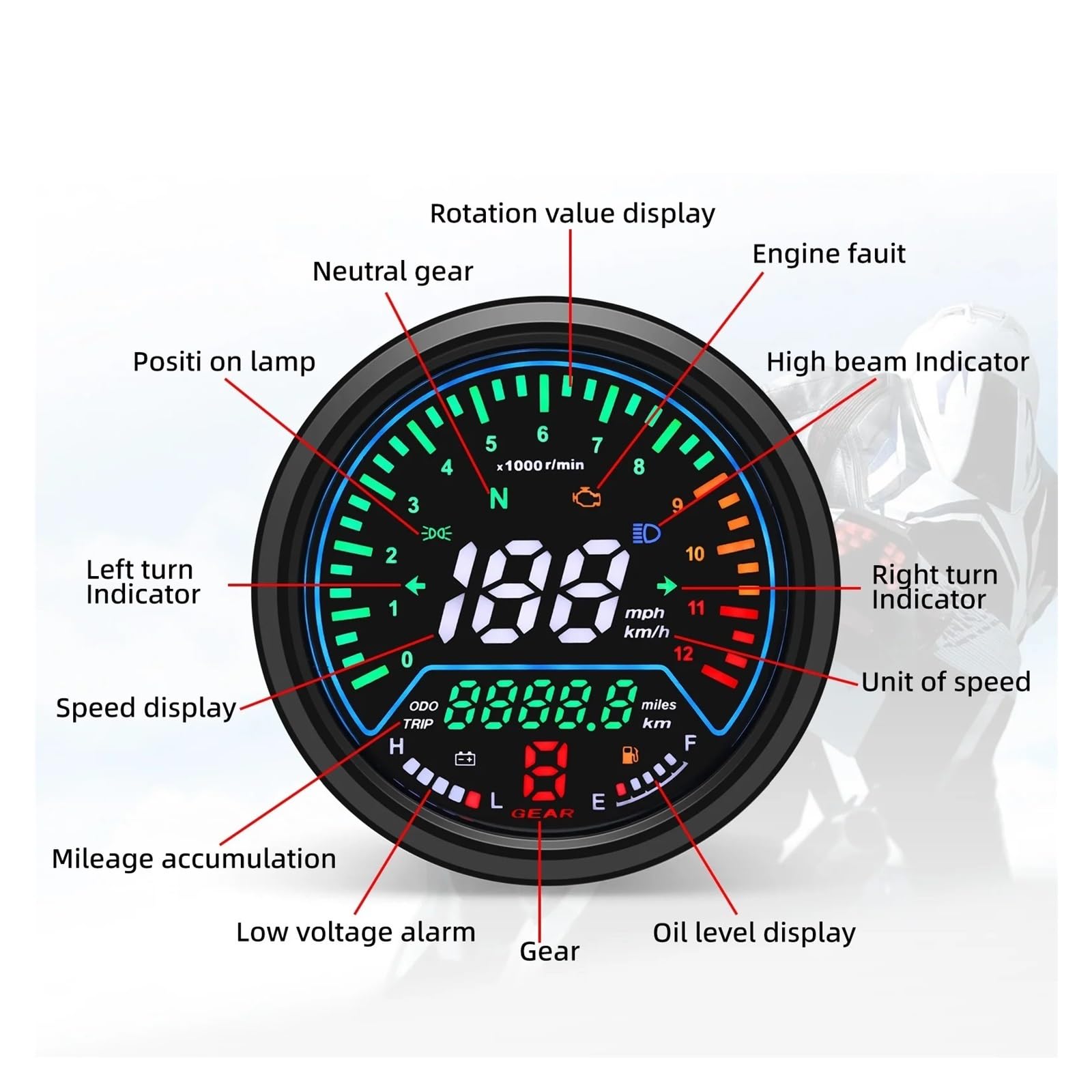 Contachilometri Indicatore Contachilometri Contachilometri Moto 12V Universale Con Luce Di Segnalazione LED Contagiri Moto Misuratore 12000 Giri/min