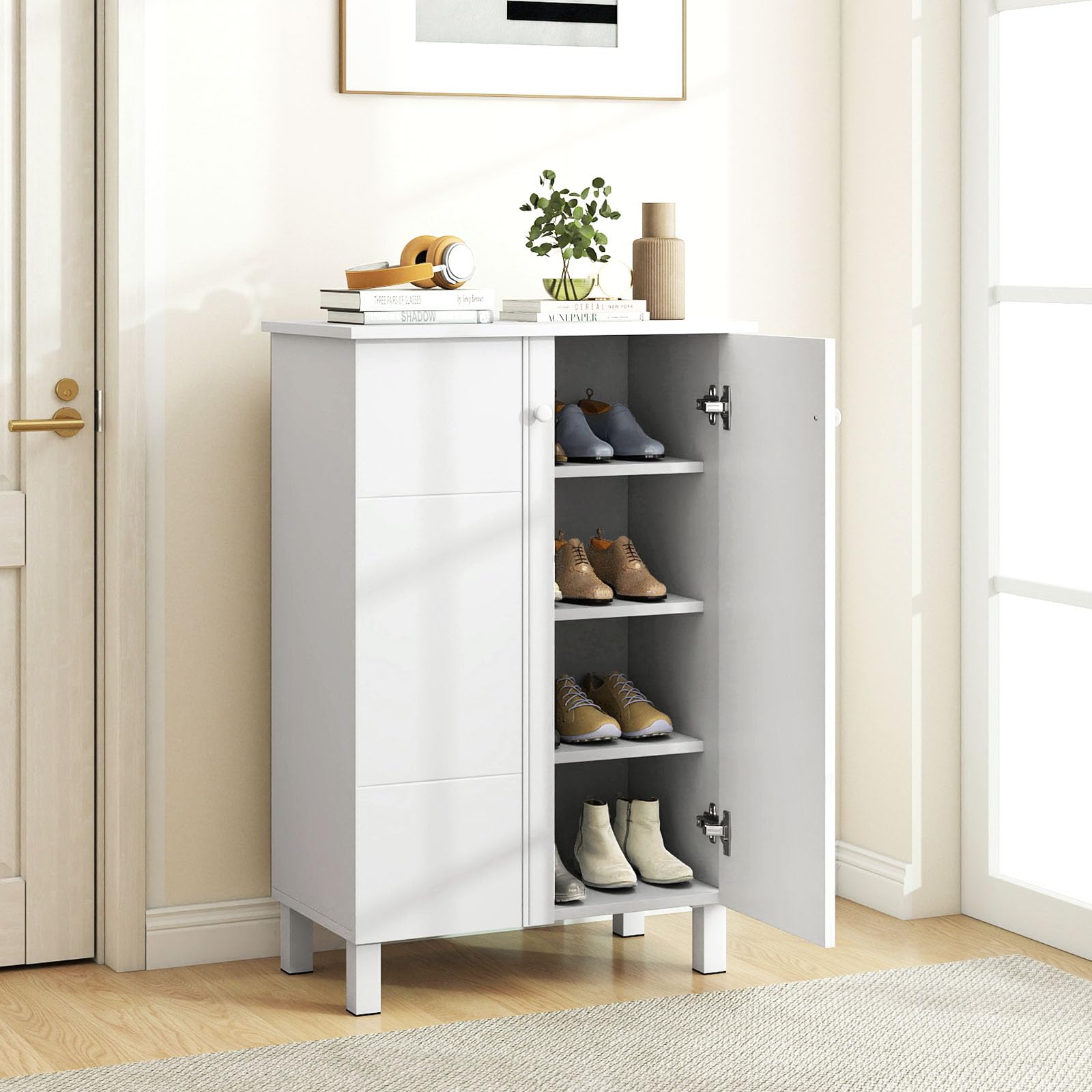 COSTWAY 4-poziomowa szafka na buty, drewniana komoda na buty ze zdejmowanymi półkami, uchwytami i 2 drzwiami, regał na buty biały do korytarza, przedpokoju, salonu, 60 x 33,5 x 90 cm