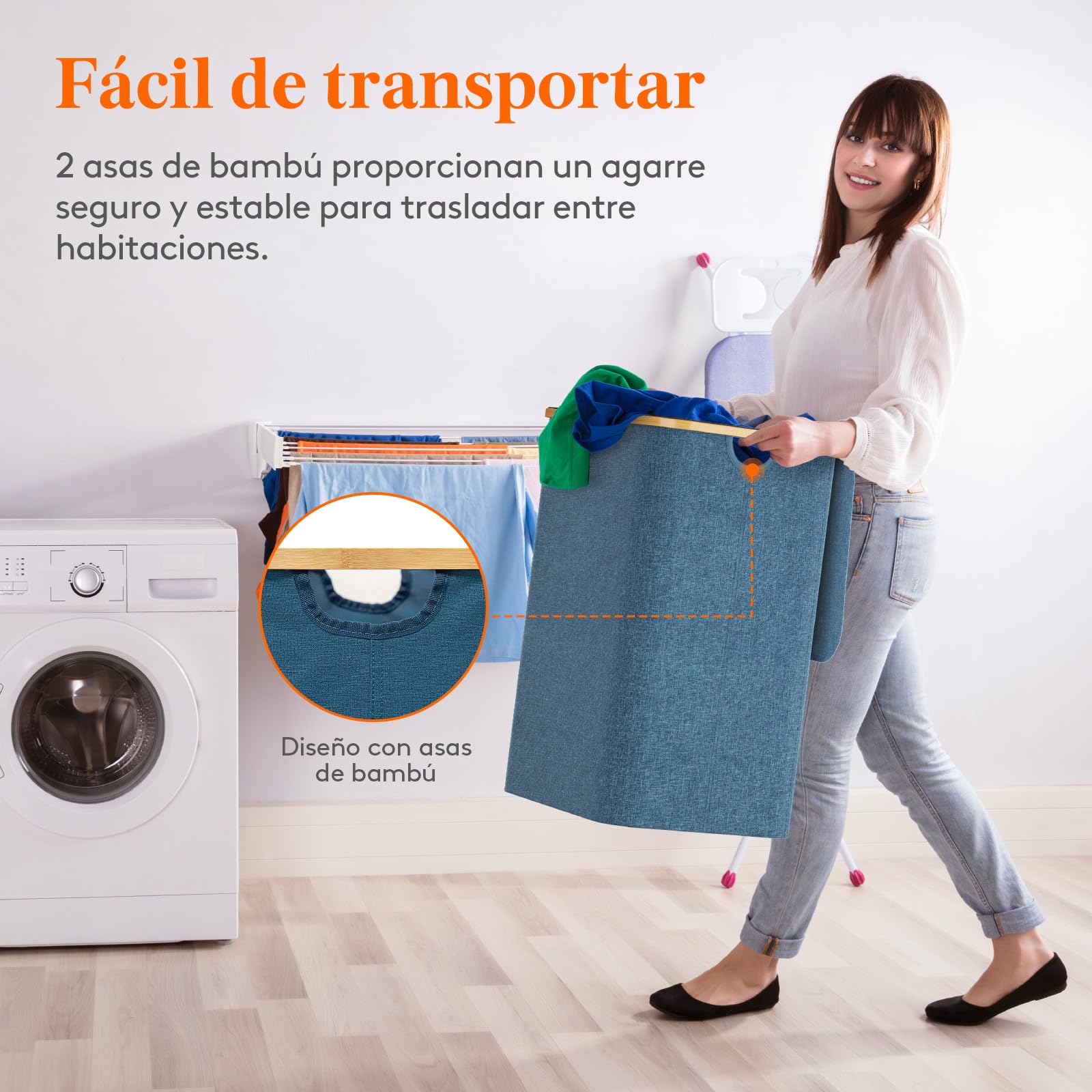 Lifewit 150L Cesto Ropa sucia con Tapa, Grande Cesto para la Ropa sucia, Cubo ropa sucia, 3 Compartimentos, clasificador de Ropa con Asas de bambú y 3 Bolsas para la colada extraíbles, Azul