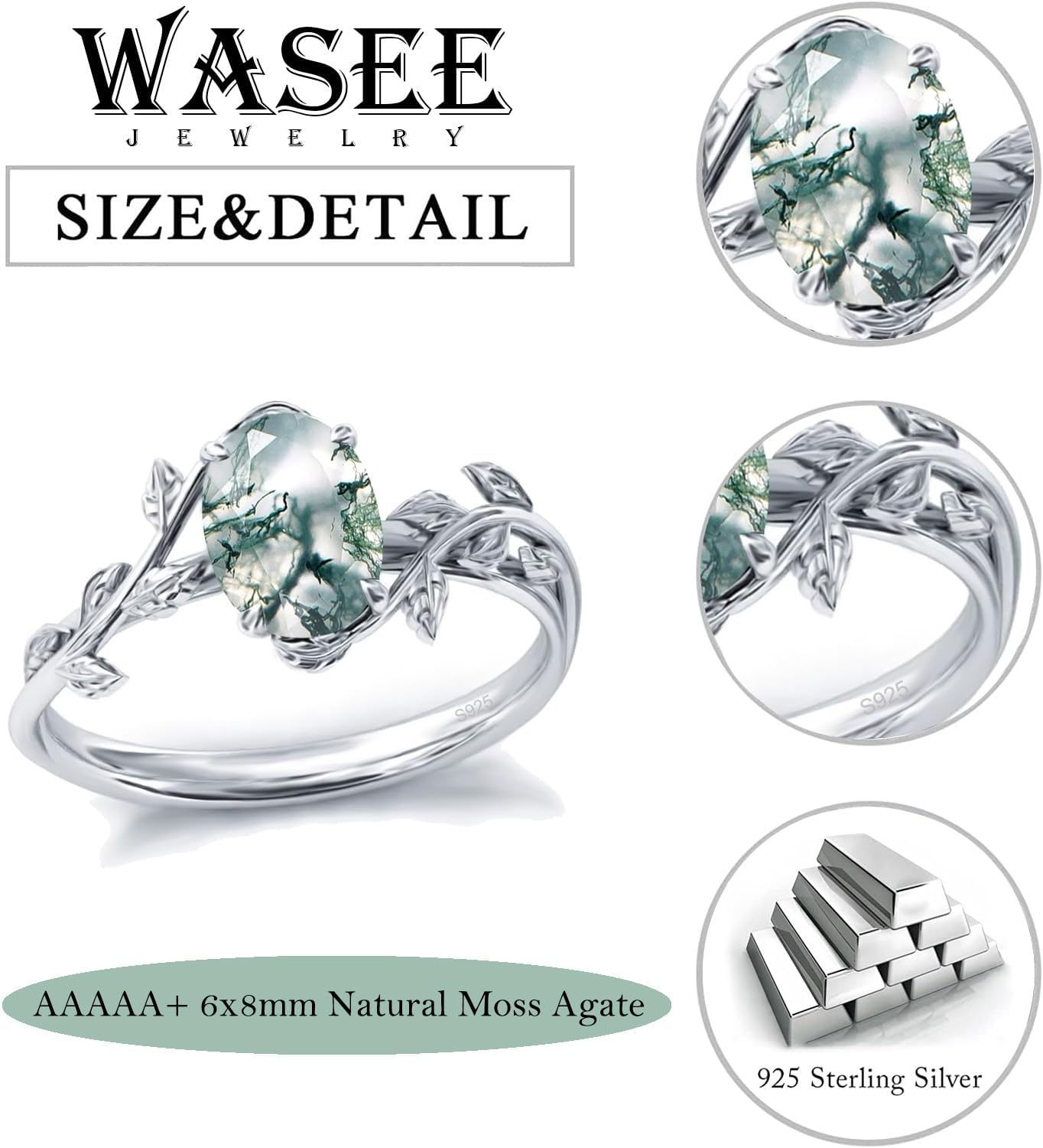 Wasee Natural Moss Agate Ring for Women 925 Sterling Silver Green Moss Agate Engagement Wedding Promise Ring Jewelry Gifts for Women - Image 5