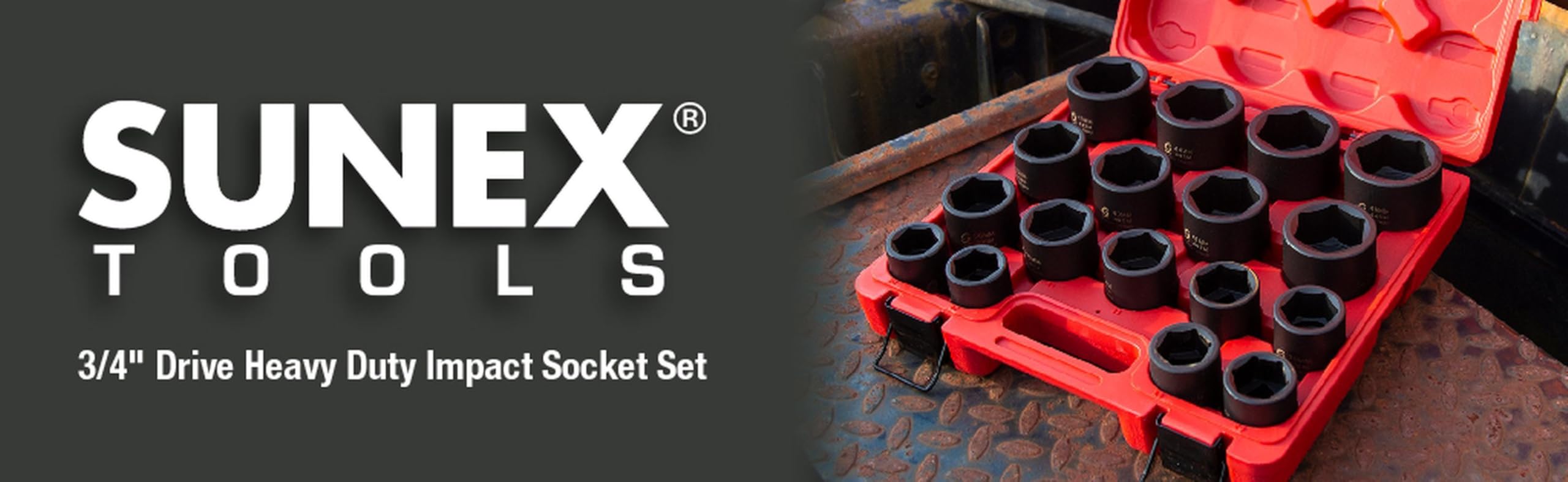SUNEX TOOLS 4684, 3/4 Inch Drive Heavy Duty Impact Socket Set, 17-Piece, Metric, 26mm-46mm, Cr-Mo Alloy Steel, Radius Corner Design, Dual Size Markings, Heavy Duty Storage Case