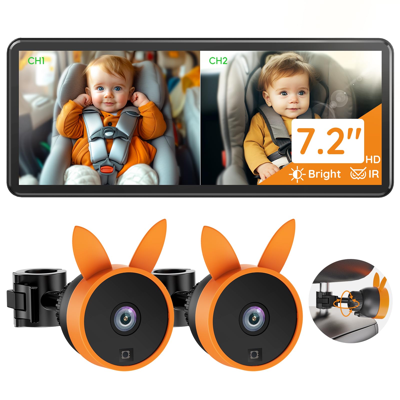 Cámara para auto Babyvue BV3 PRO para 2 niños, monitor para bebé de 7 pulgadas, pantalla HD grande, doble canal, 1080P, visión nocturna por infrarrojos, cámara para asiento de auto, fácil instalación, vista trasera, ideal para la seguridad de niños y mascotas.