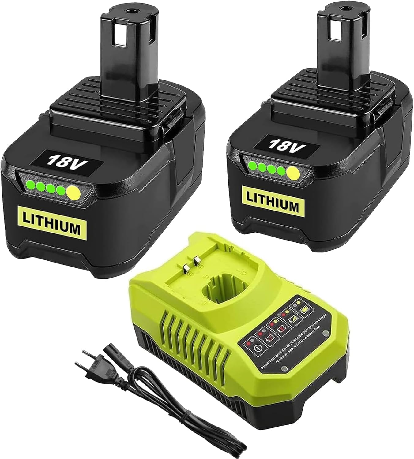 2 X 9000 mAh 18Volt Replacement Battery for Ryobi Battery 18V + P117 Charger Compatible with Ryobi 18V RB18L50 RB18L40 RB18L25 P104 P105 P106 P107 P109 Cordless Tools with LED Indicator