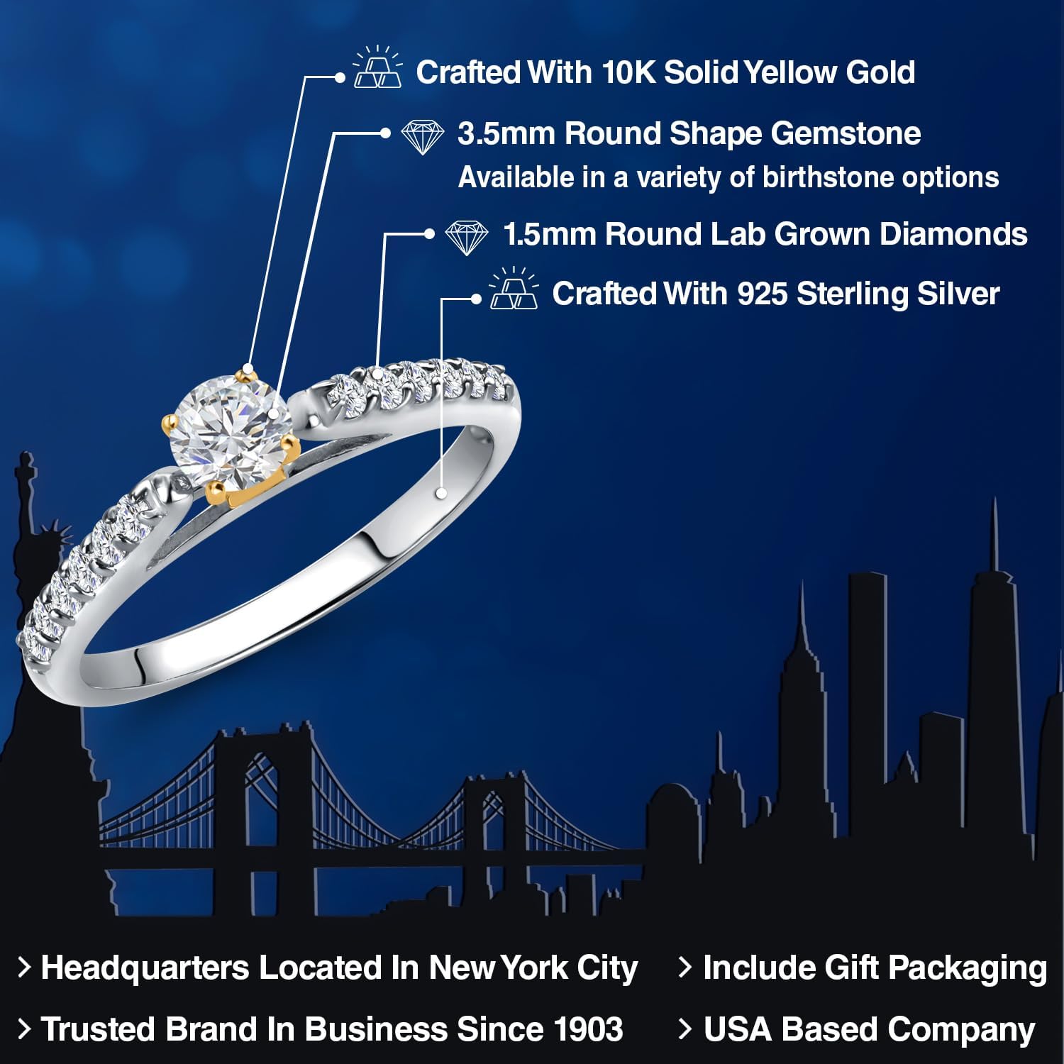 925 Silver and 10K Yellow Gold Gemstone Birthstone and Lab Grown Diamond Accent Engagement Ring For Women | Round 3.5MM and 1.5MM | Two-Tone Wedding Anniversary Promise Ring | Sizes 5, 6, 7, 8, 9 - Image 2