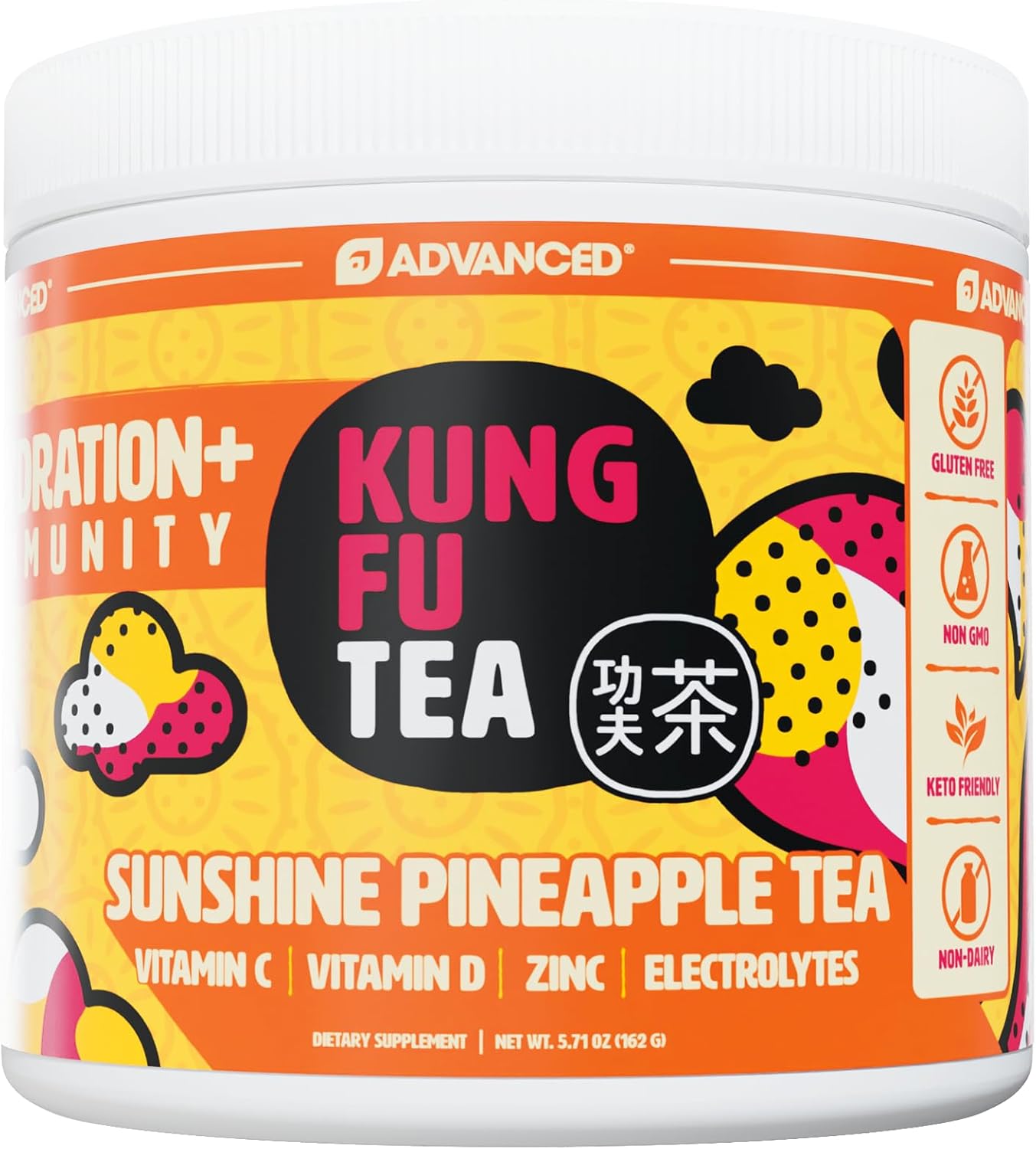 Advanced x Kung Fu Tea Hydration Powder + Immunity Support | Electrolyte Drink Mix with Vitamin C, Zinc, Vitamin D | Zero Sugar, Keto Friendly - (30 Servings, Sunshine Pineapple)