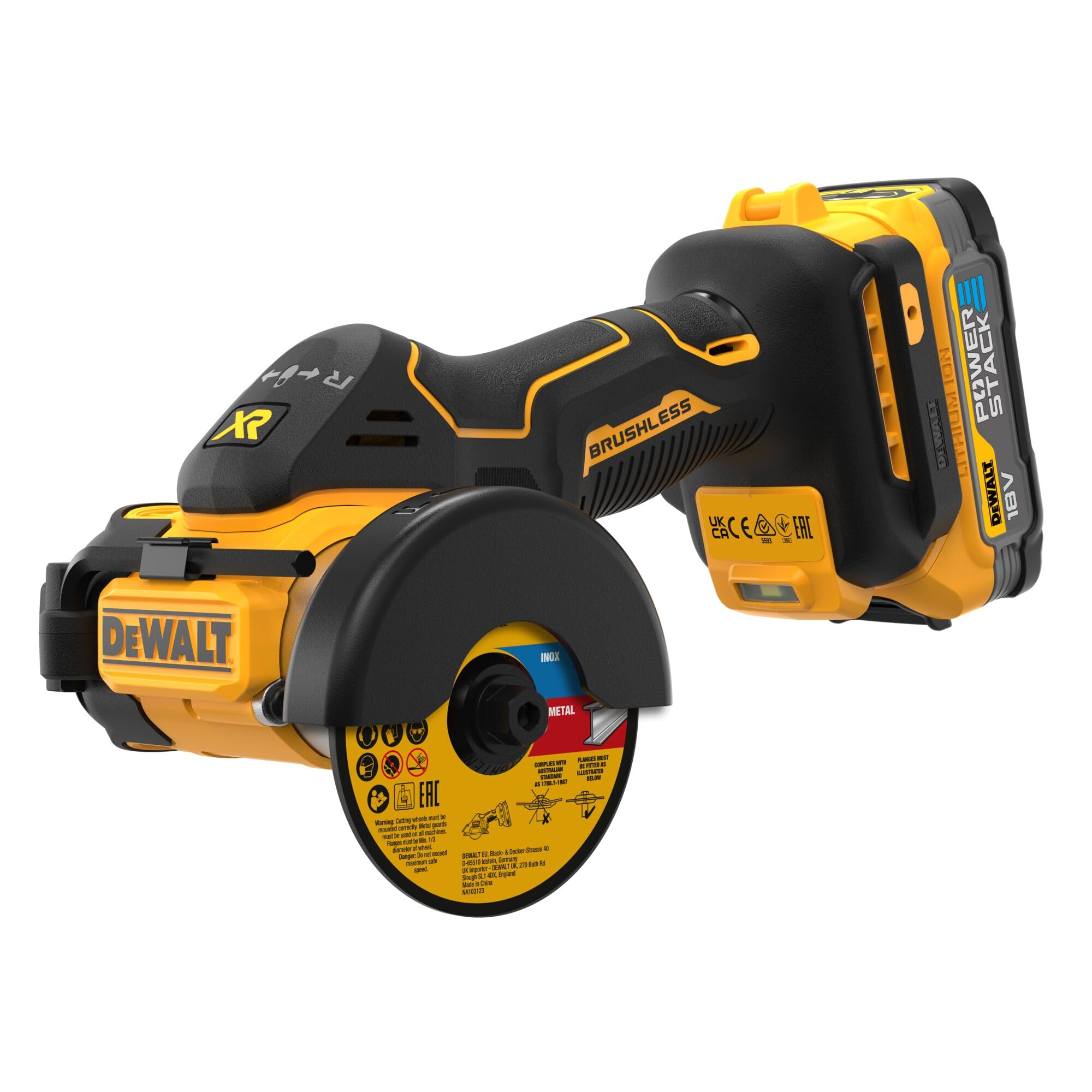 DEWALT DCS438E2T-QW - Cortadora multimaterial 18V Powerstack, Ø de disco 76mm, Motor sin escobillas, M10, Incl. cubierta protectora, 3x discos de corte, 2x baterías Powerstack de 1,7 Ah, Cargador