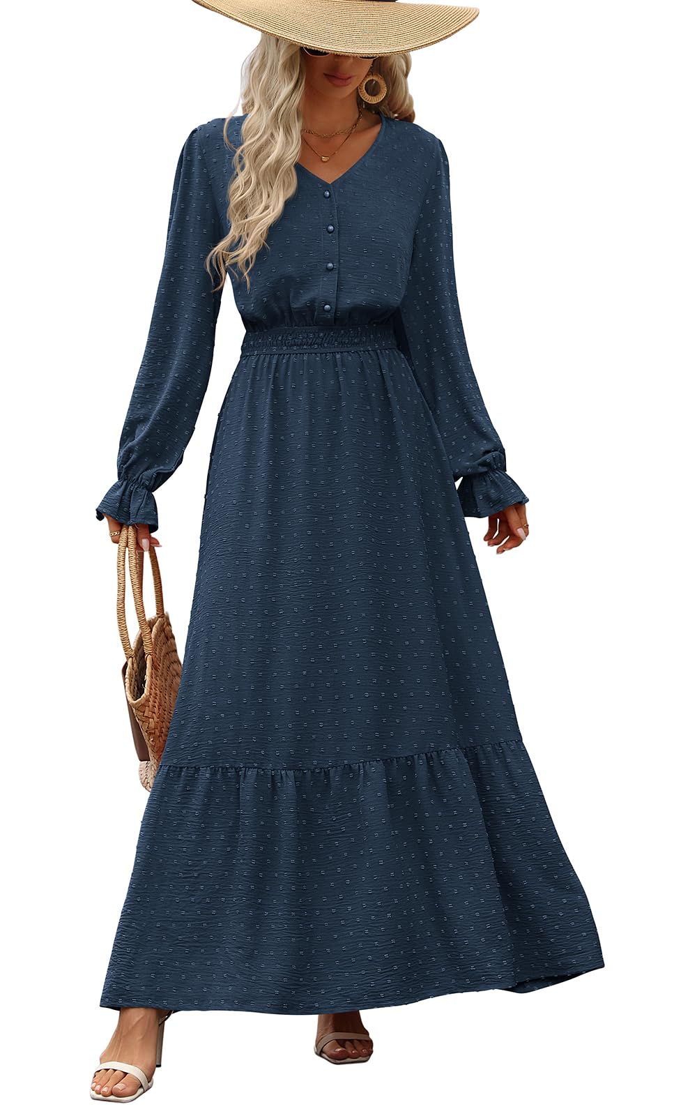 PRETTYGARDEN Womens 2025 Maxi Dress Long Sleeve V Neck Flowy Swiss Dot High Waist Casual A Line Fall