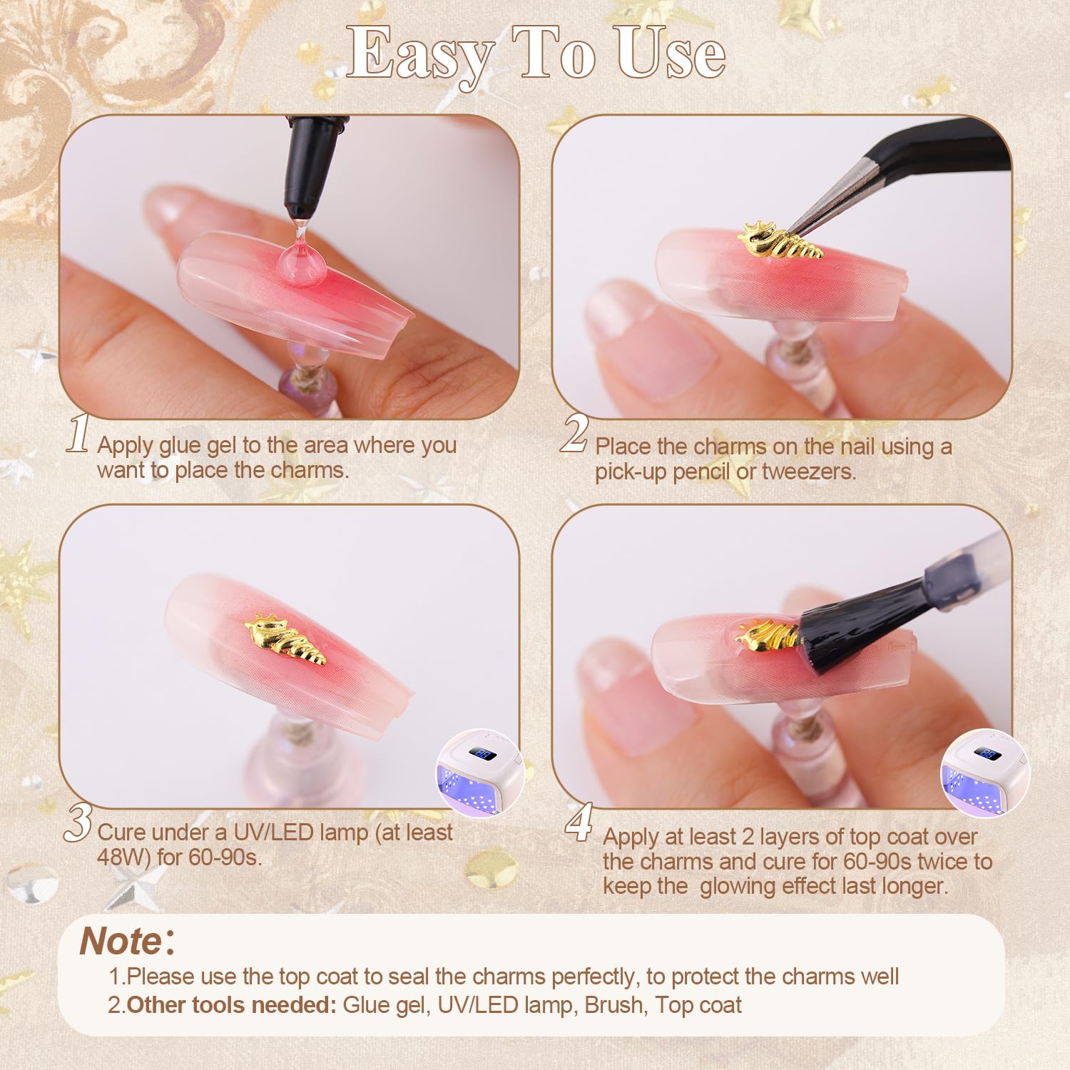 2450Pcs 3D Metal Silver Gold Nail Charms, Ocean Star Nail Charms and Round Small Caviar Beads, Tiny Nail Beads Craft Jewels Nail Rhinestones Accessories Manicure Decor with Tweezers Pick-up Pencil