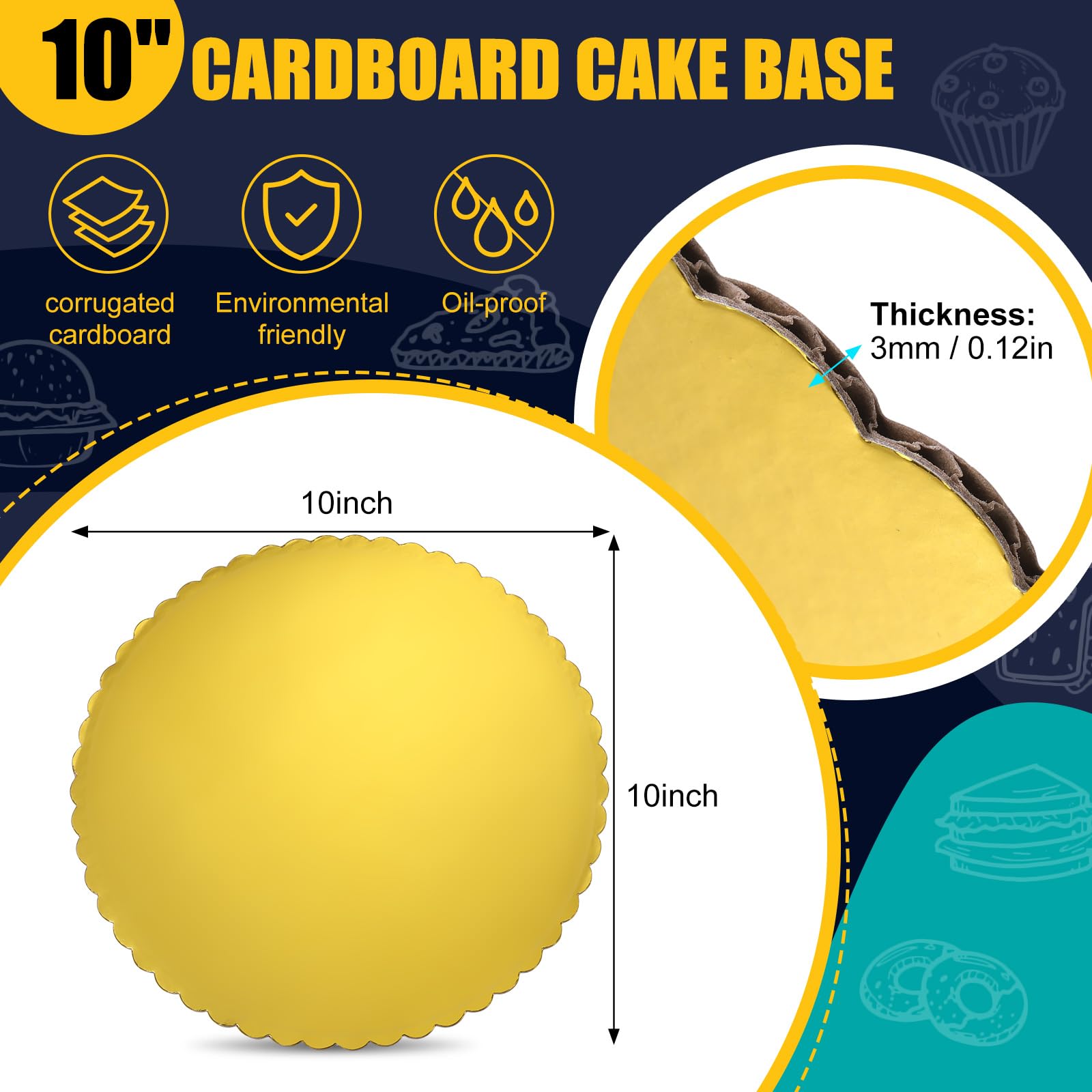 Nuenen Paquete de 100 tablas redondas doradas para tartas de 25,4 cm, con borde festoneado, de cartón, desechables, a prueba de grasa y aceite, adecuadas para decoración de tartas de cumpleaños y