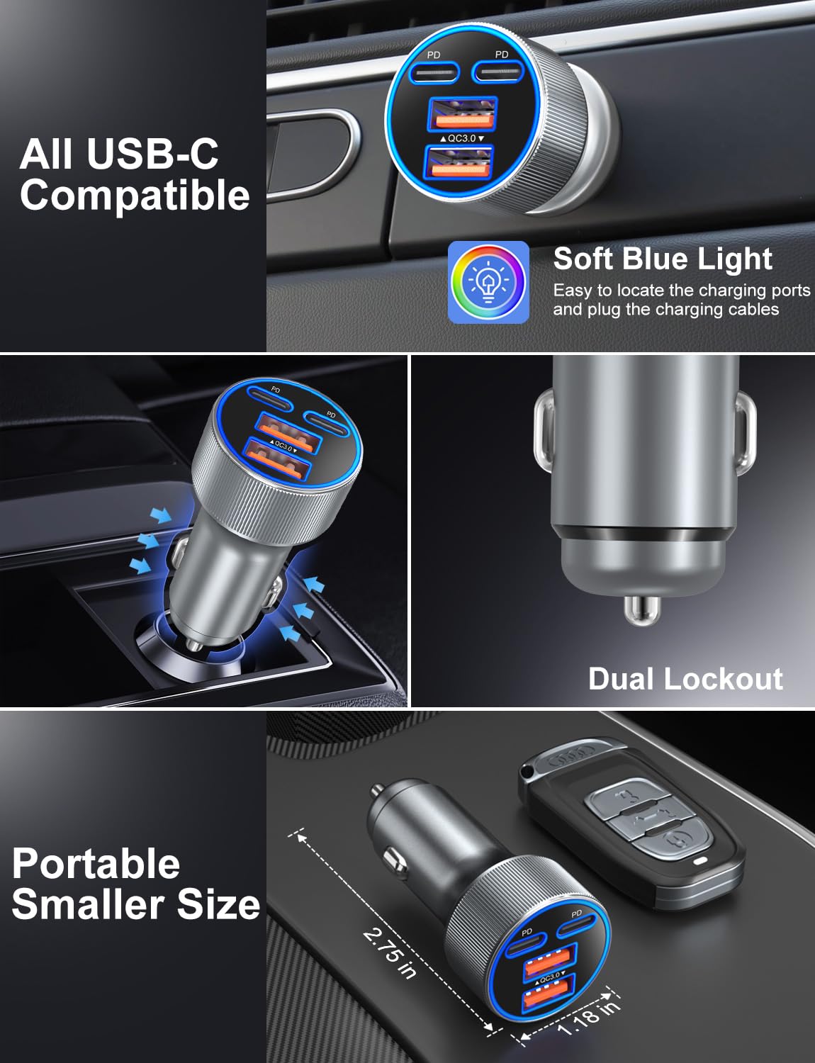 Cargador de coche USB C, adaptador de encendedor de cigarrillos de carga súper rápida de 90 W, multipuerto, dual, 45 W, 12 V, USB-A y USB-C PD/QC 3.0, cargador de teléfono de coche rápido para iPhone