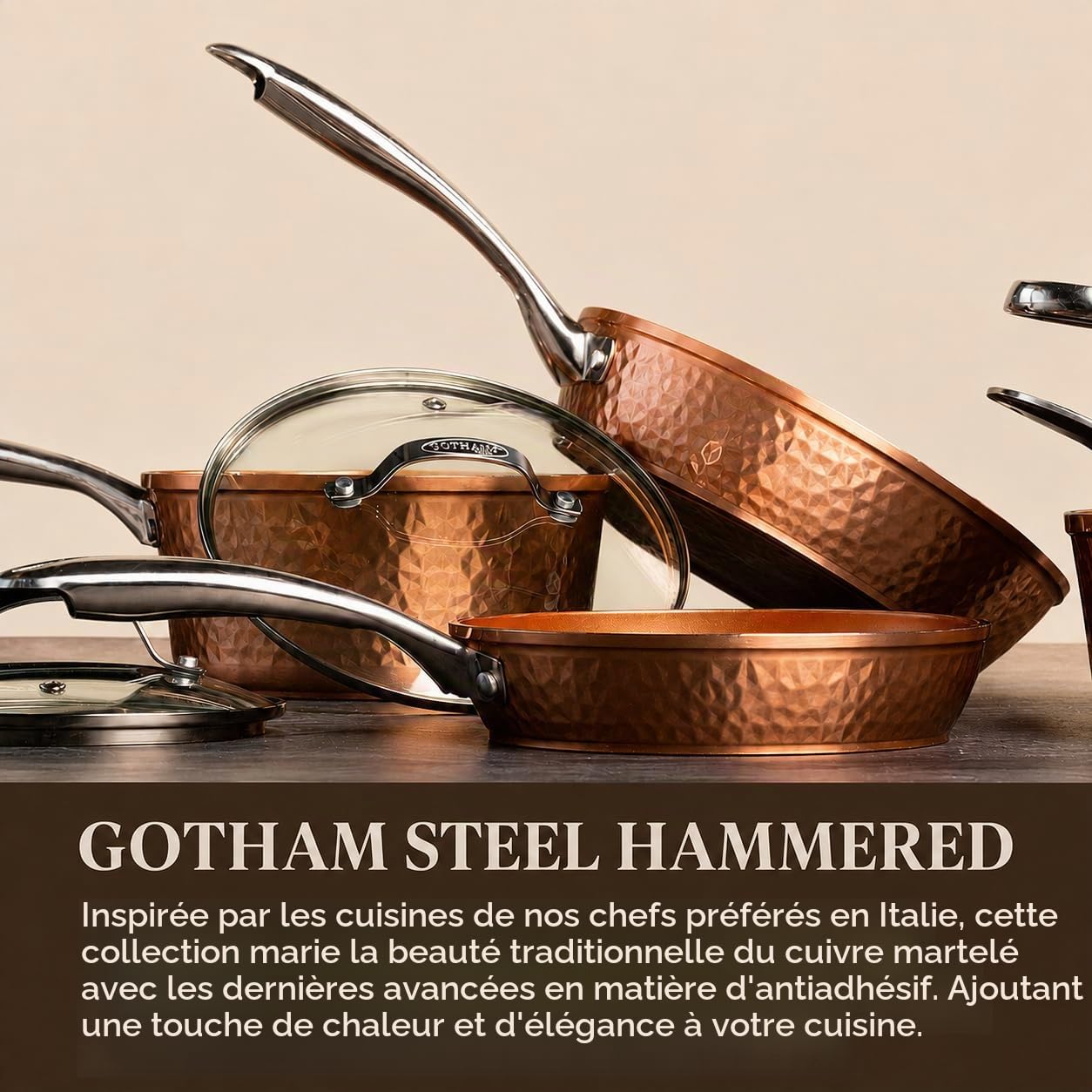 GOTHAM STEEL Poêle à frire antiadhésive de 14 po avec couvercle — Collection Hammered Copper, batterie de cuisine en aluminium de qualité