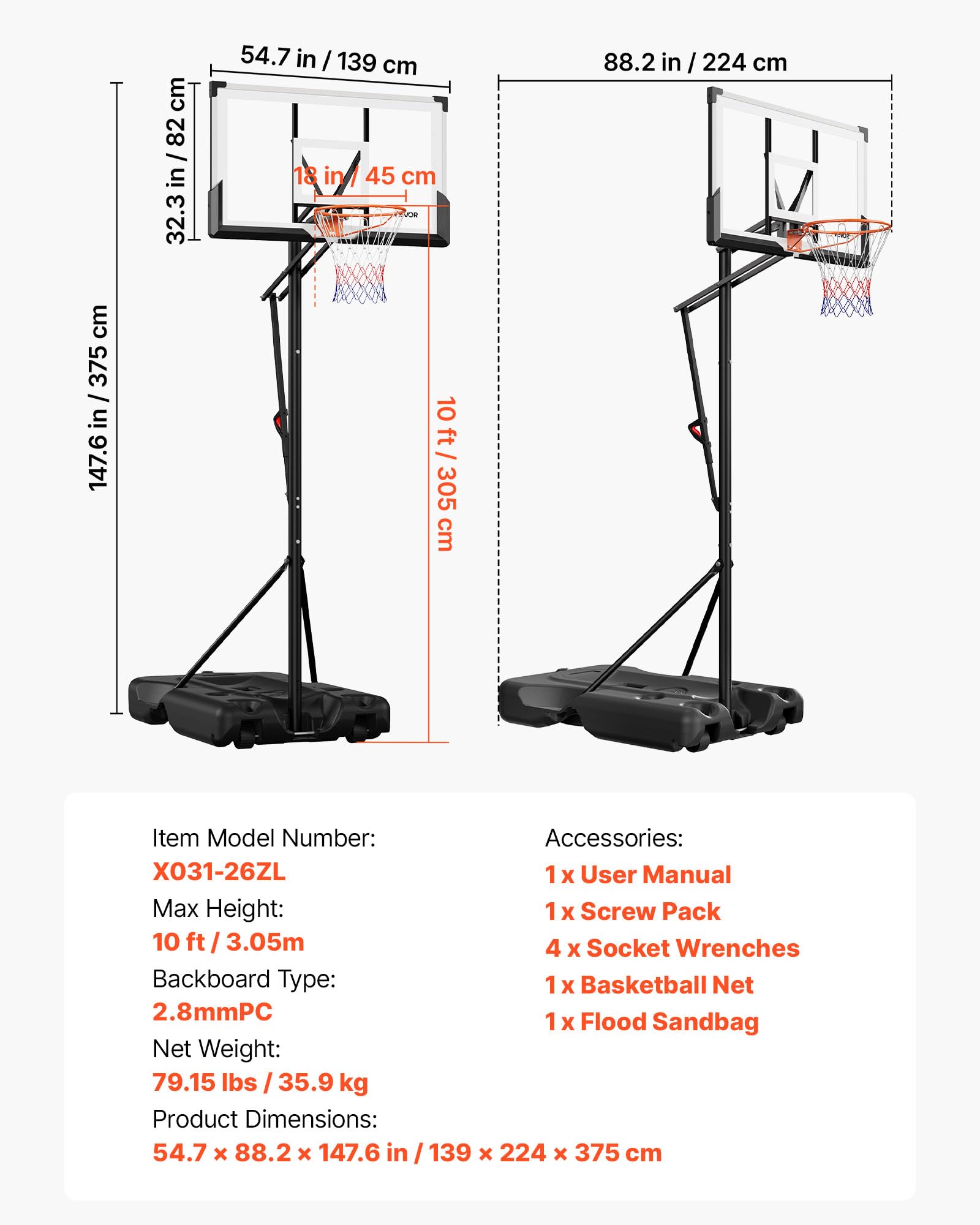 VEVOR Supporto da Basket Portatile Massimo 3,05 m Pallacanestro da Esterno con Piedistallo Regolabile in Altezza Design di Sollevamento, con Ruote e Tabellone PC da 1371,6 mm, per Cortili, Scuole