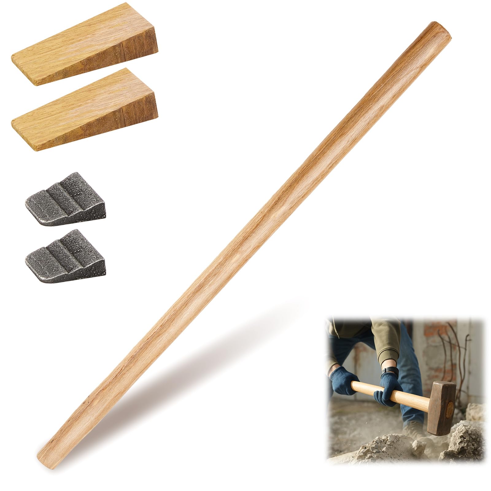 Bucherry 1 Sets 32" Replacement Hammer Handle Kit Includes 1 Sledge Hammer Handle Replacement, 2 Wood Wedges and 2 Steel Wedges for Decking Framing Carpentry Construction DIY Sledge Axe Tool