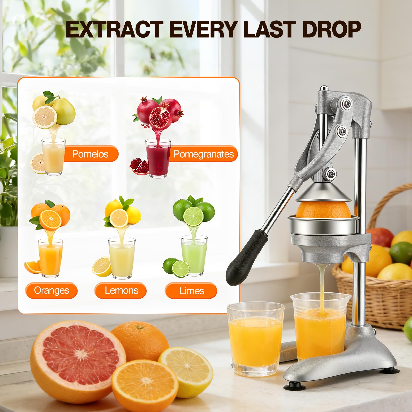 Saftpresse Manuell Profi, Zitruspresse mit Hebel für Orangen Zitronen Grapefruit, Gastro Qualität Aluminium Edelstahl, kraftsparende Fruchtpresse ohne Strom inklusive 500ml Messbecher