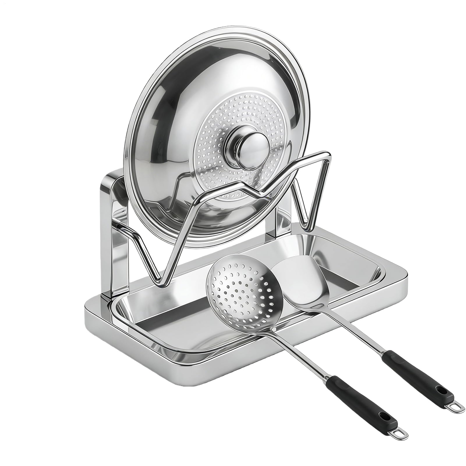 Support de couvercle de casserole en inox vertical avec bac d'égouttement
