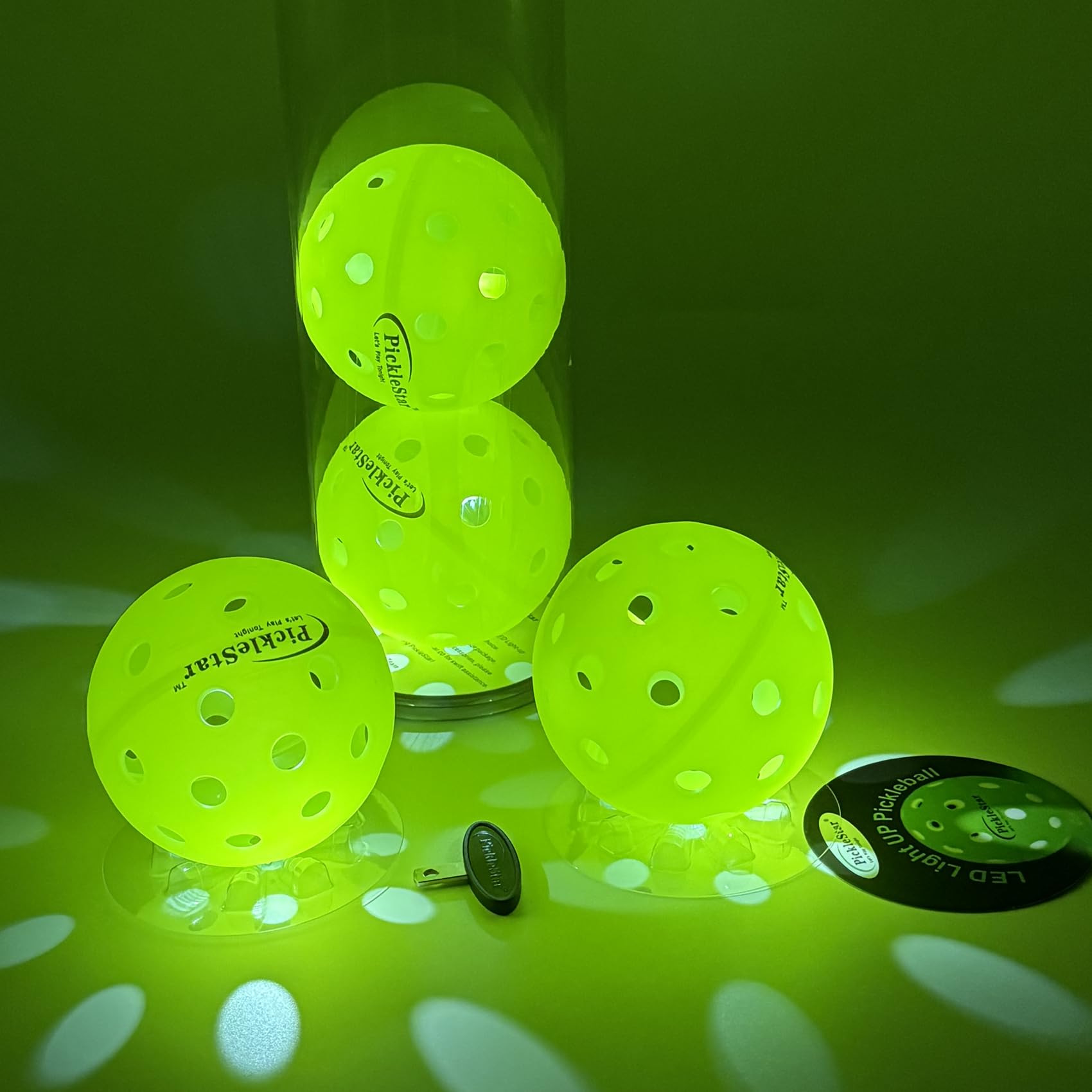 PickleStar LED Light Up Pickleball Balls, Glow In The Dark Pickleball Balls, Offcial Size Outdoor 40 Holes PickleBalls with Light 4 Pack LED Light Up Pickle Balls, Batteries Inclued. Unique Gift for Pickleball Lovers