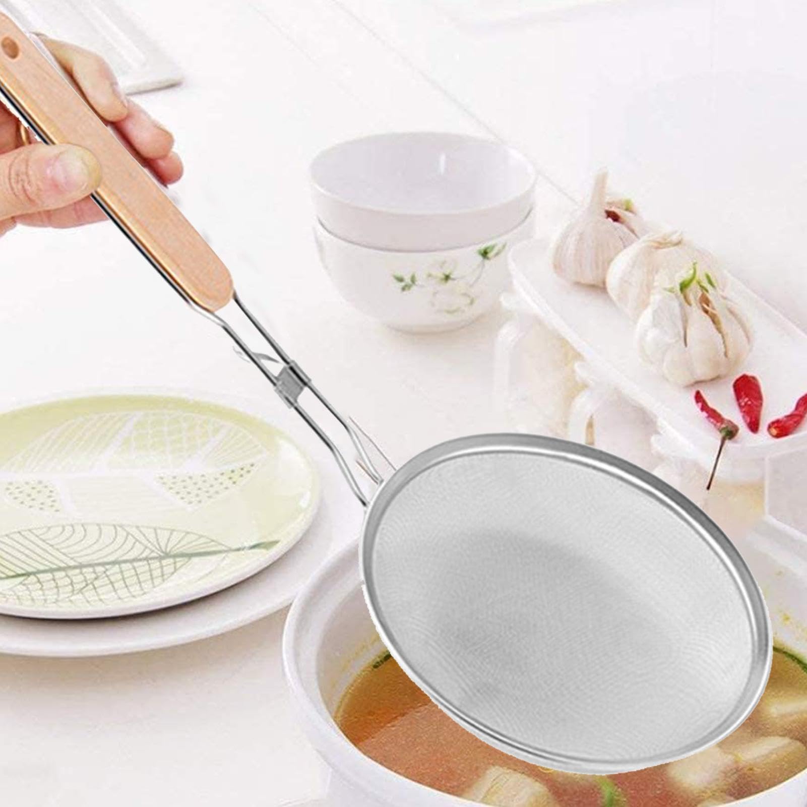 Colador de alimentos de malla, colador de cuchara de cocina de mango largo, cuchara de cocina de grasa y espuma para verduras, café, harina, azúcar, cacao en polvo