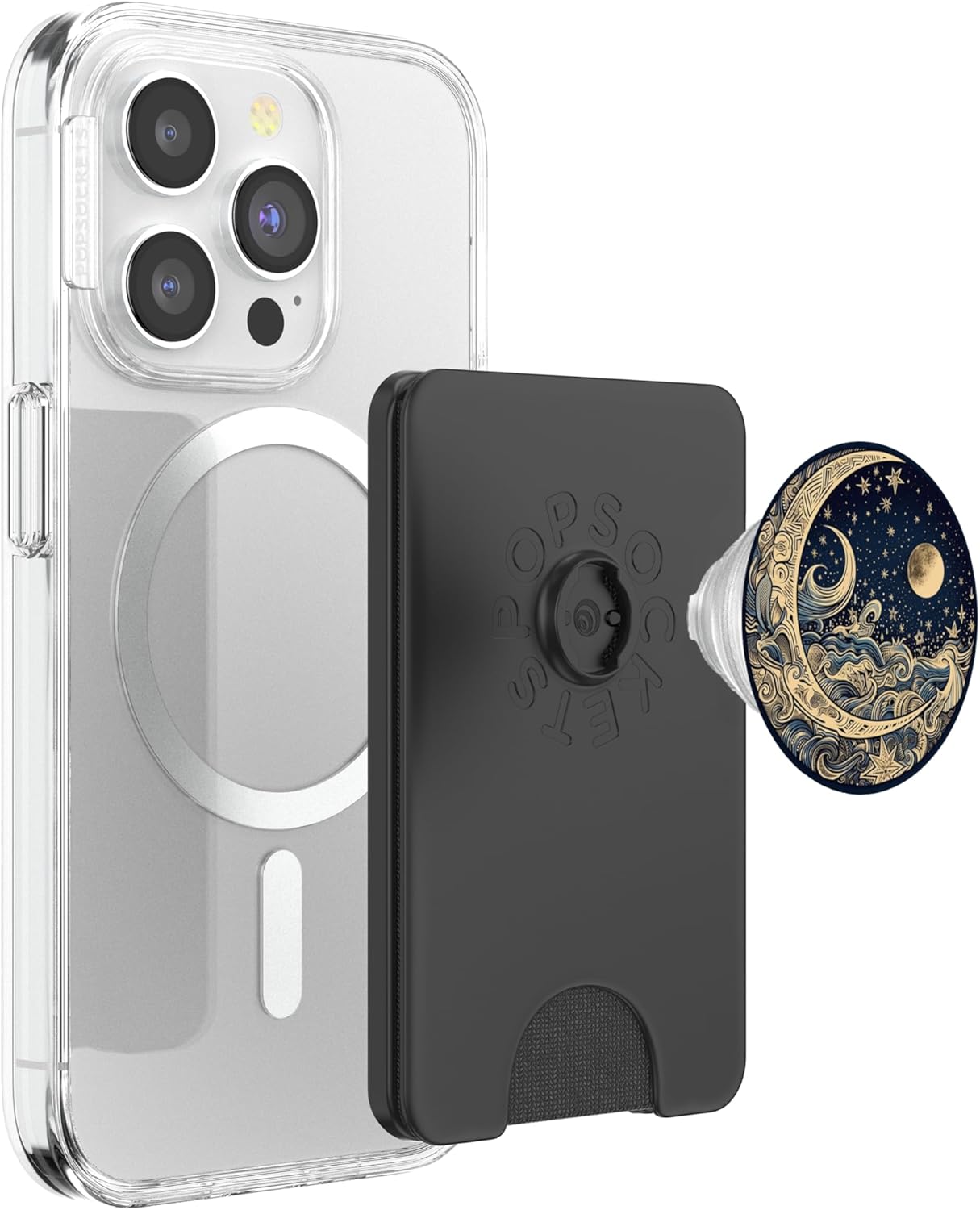 Golden Blue Crescent Moon Celestial Aesthetic Chic Boho PopSockets PopWallet for MagSafe