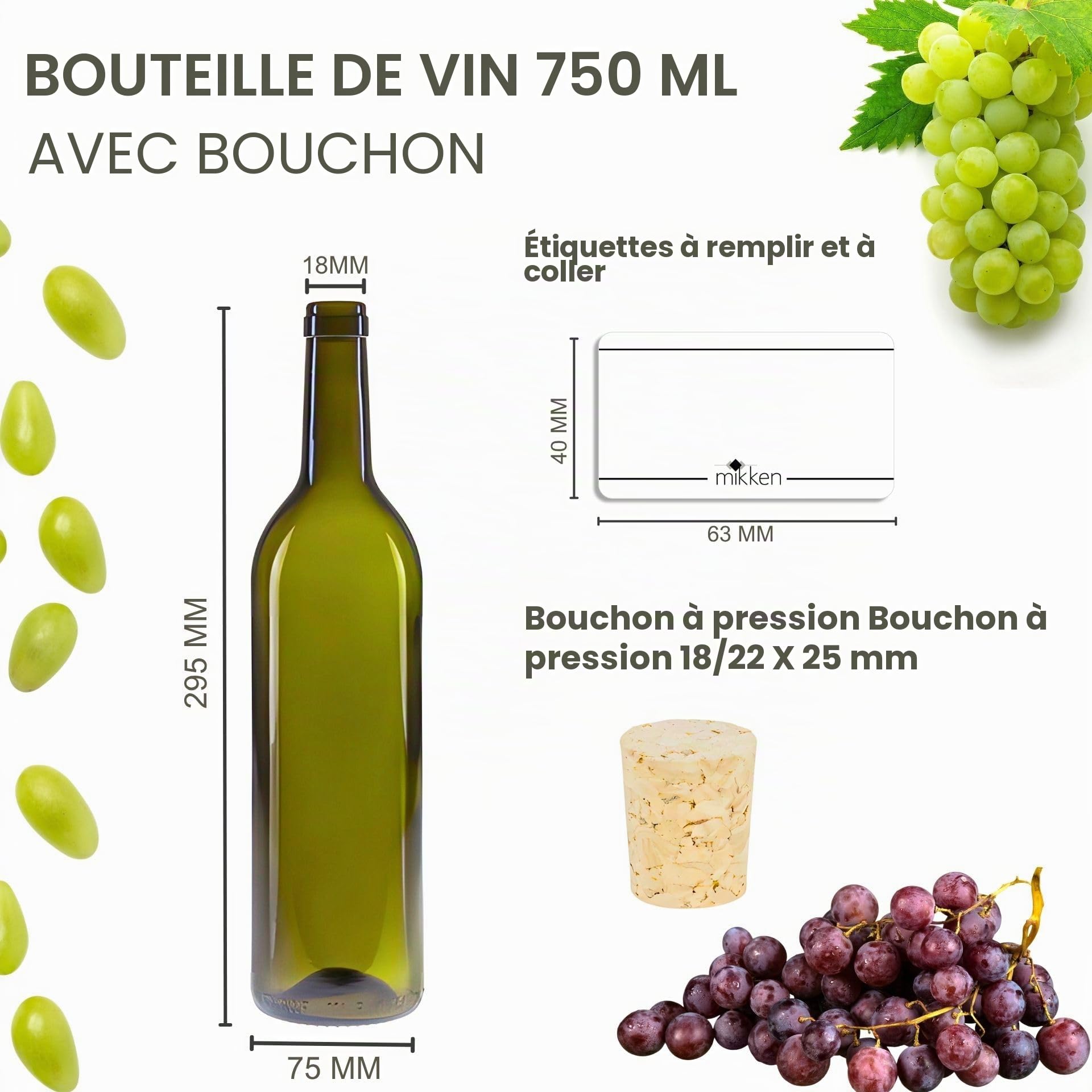 mikken Lot de 6 bouteilles d'huile en verre vert de 750 ml avec bouchon et étiquettes