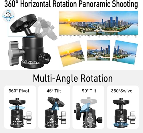 Miniatura 10 de Ailight Mini cabeza de bola, cabezal de trípode panorámico de 360, adaptador de tornillo universal de 14 a 38 pulgadas, soporte de trípode de cabeza
